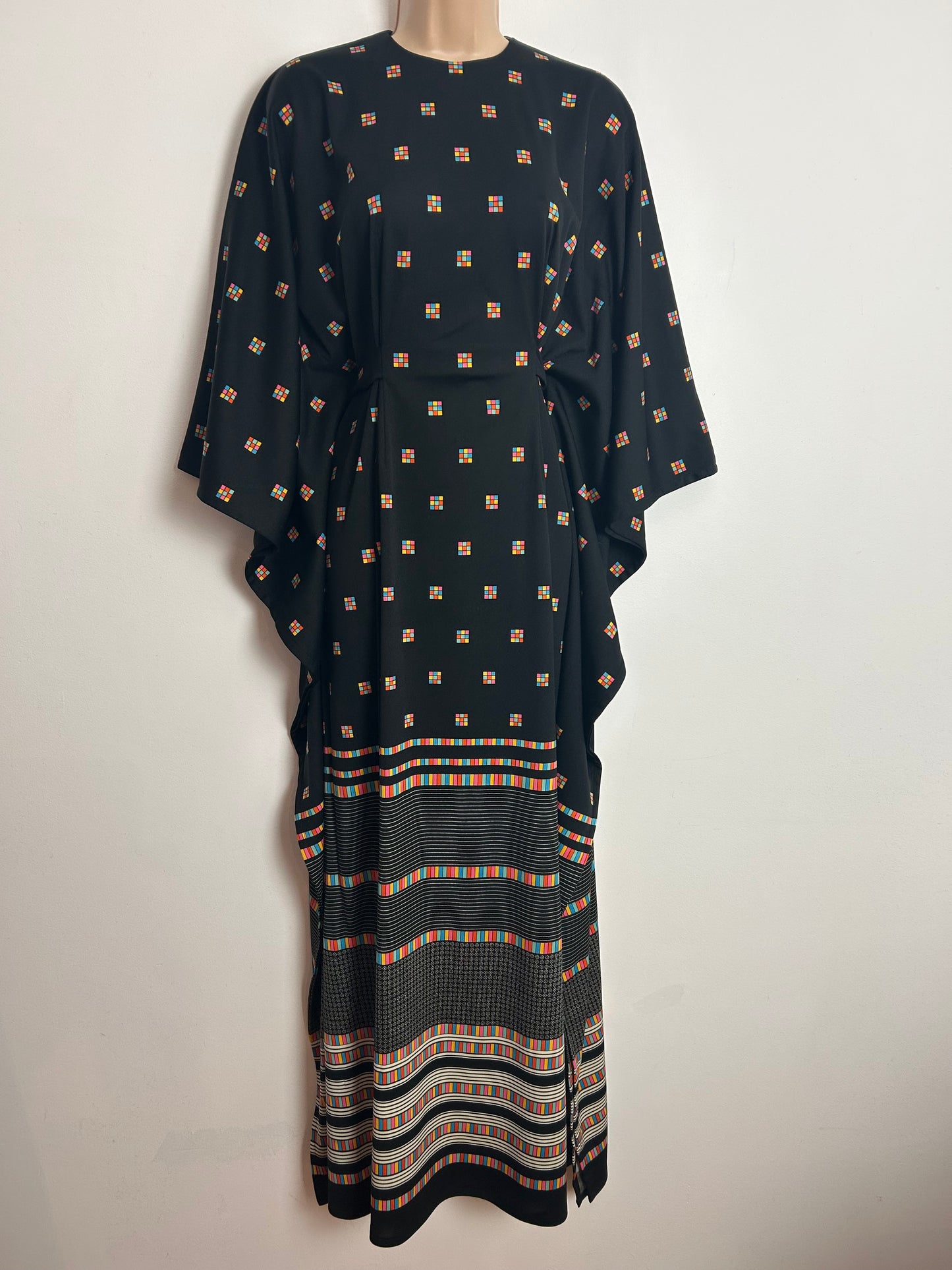 Vintage 1970s Up To Size 14 Black Multicolour Check Square Print Wide Sleeve Belted Kaftan Maxi Dress