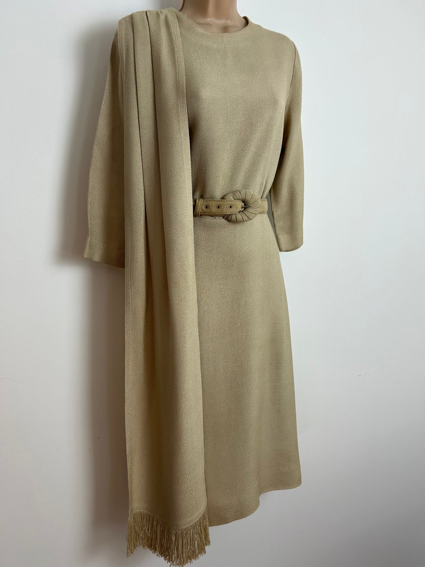 Vintage 1950s CHARLES BUTLER Size 12 Beige MOYGASHEL Irish Linen Belted Dress