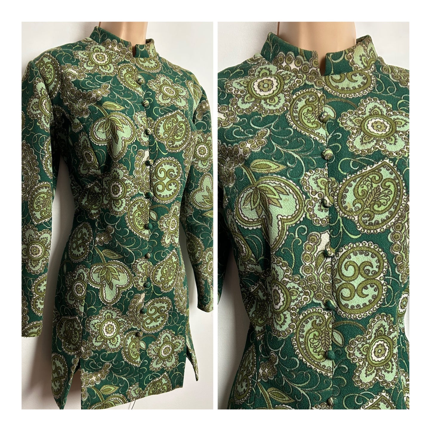 Vintage 1960s UK Size 12-14 Green Tones Floral Print Crimplene Mini Mod Shift Dress