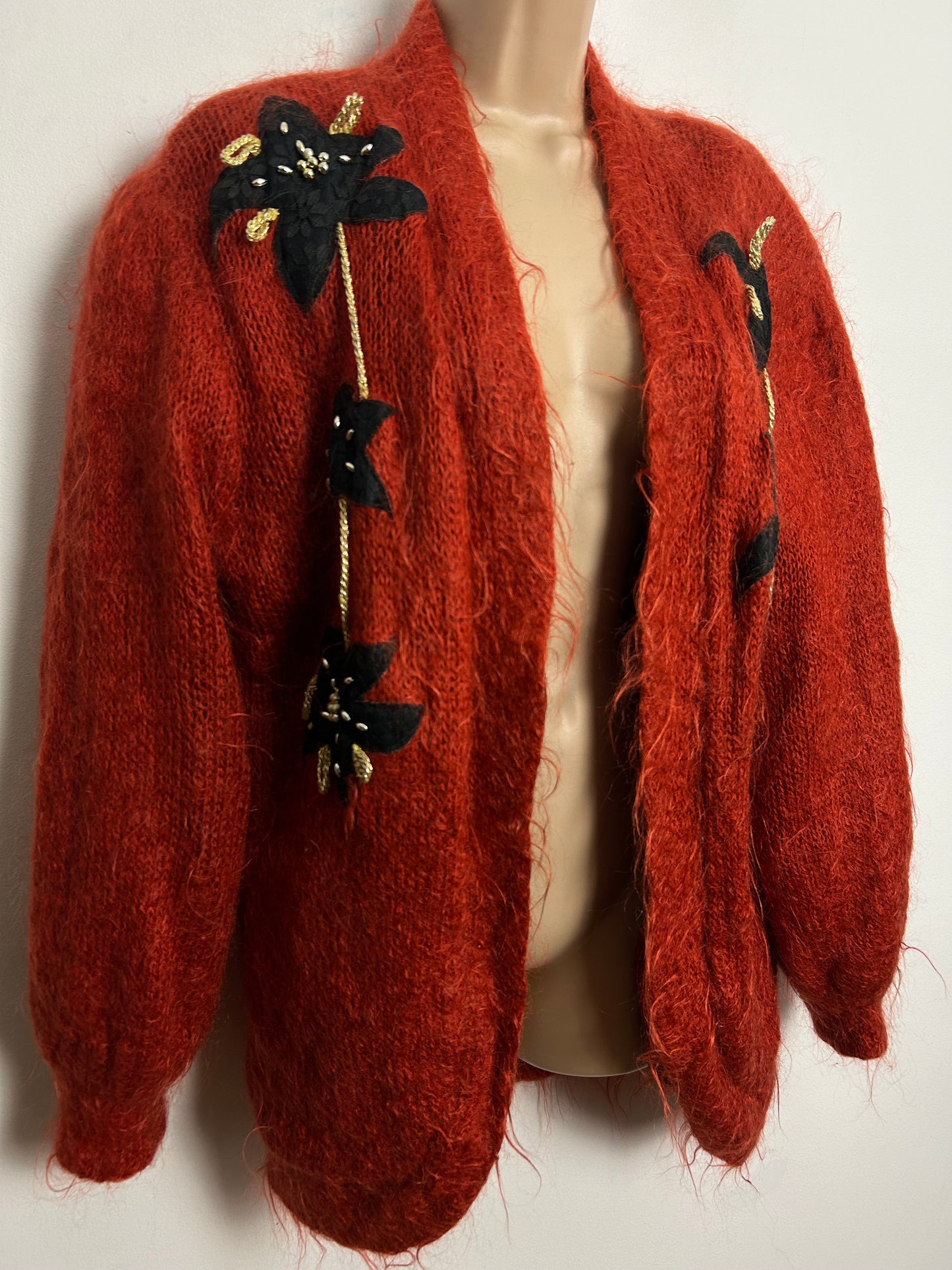 Vintage 1980s One Size Up To Size 16/18 Rusty Orange & Black Floral Applique Mohair Mix Bead Detail Open Fronted Cardigan