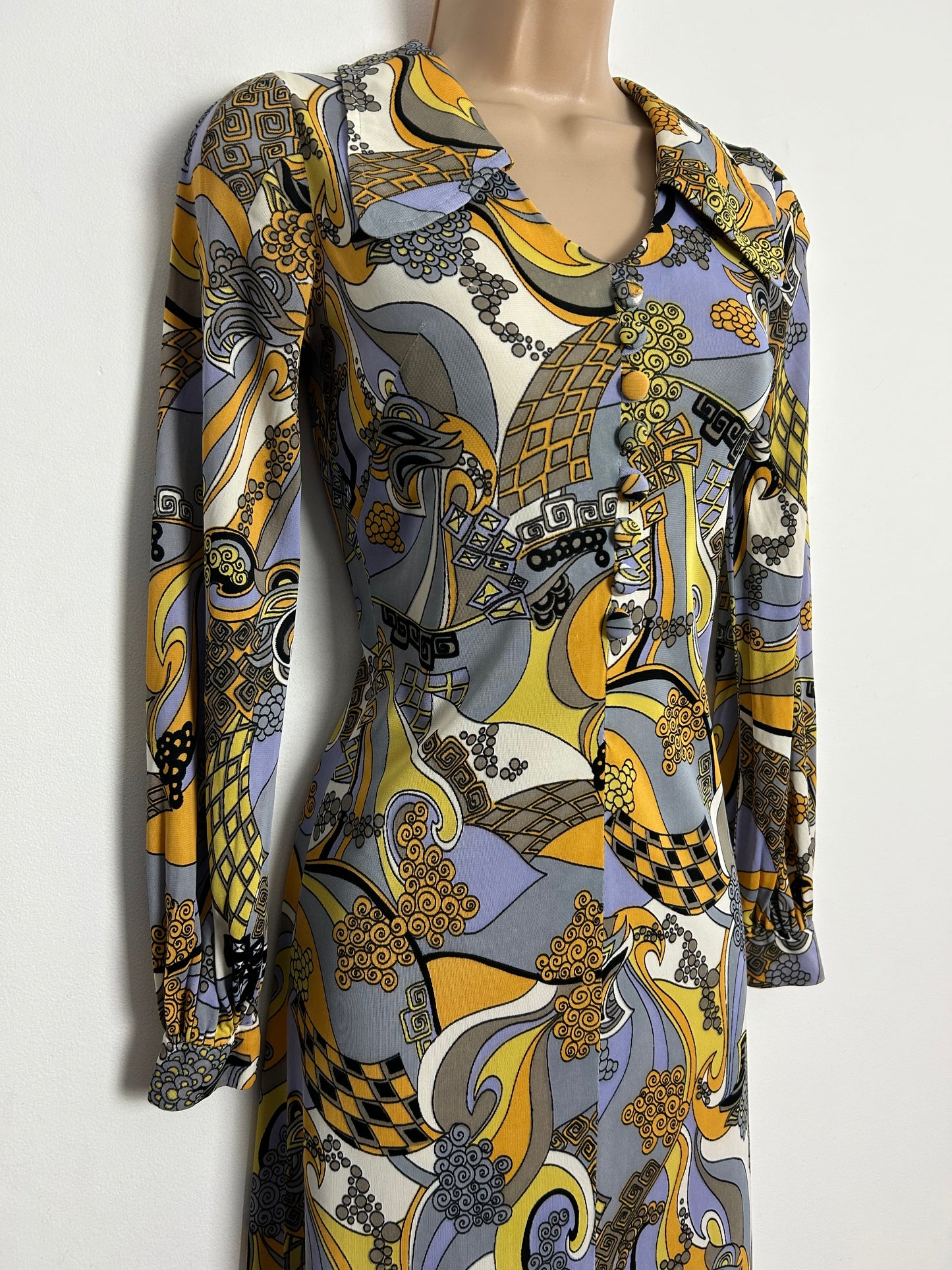 Vintage 1970s CANDA INTERNATIONAL UK Size 6 Grey Yellow Orange & White Psychedelic Print Maxi Dress