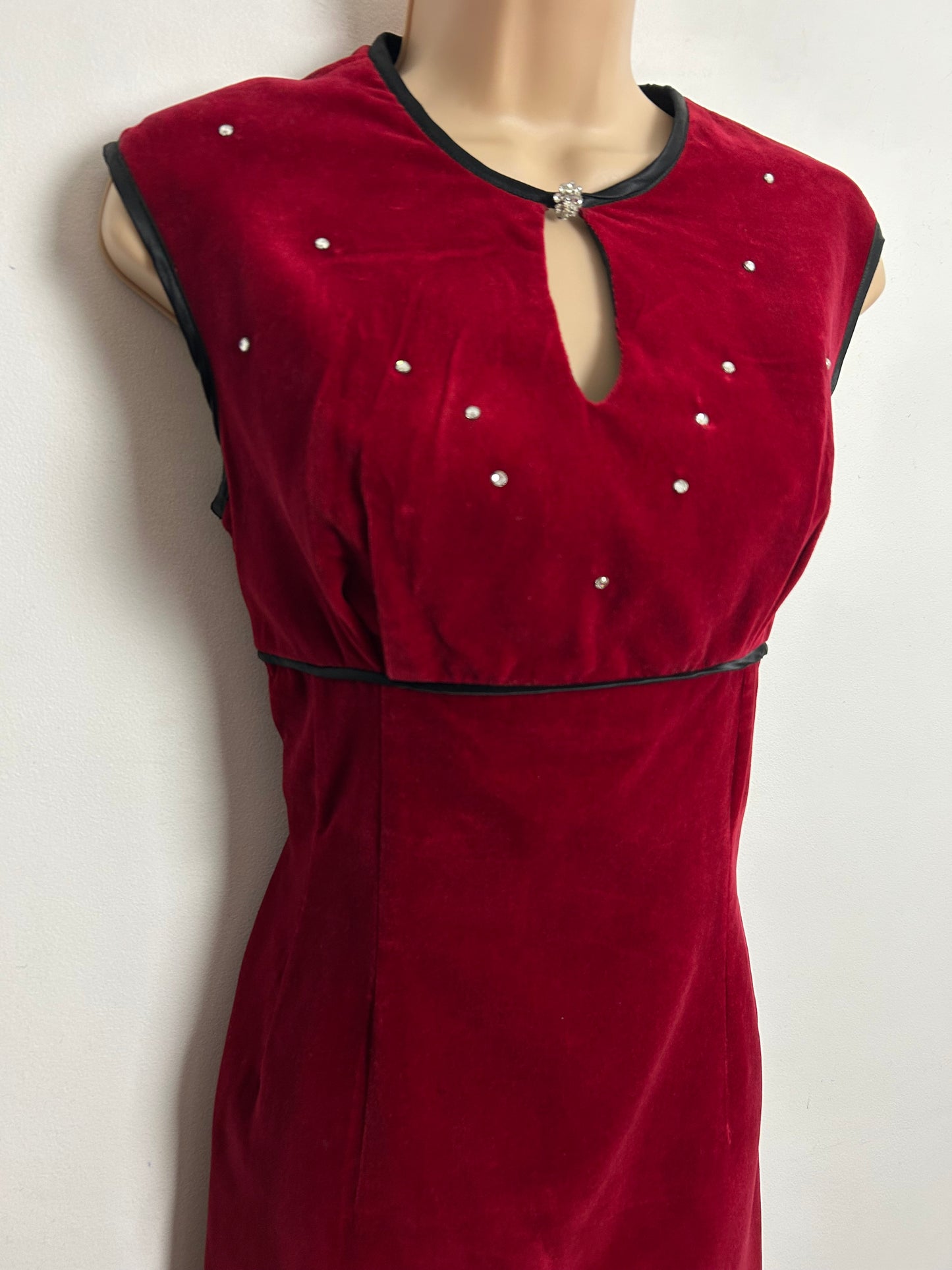 Vintage 1960s UK Size 8 Red Velvet Diamante Detail Xmas Party Mod Shift Dress