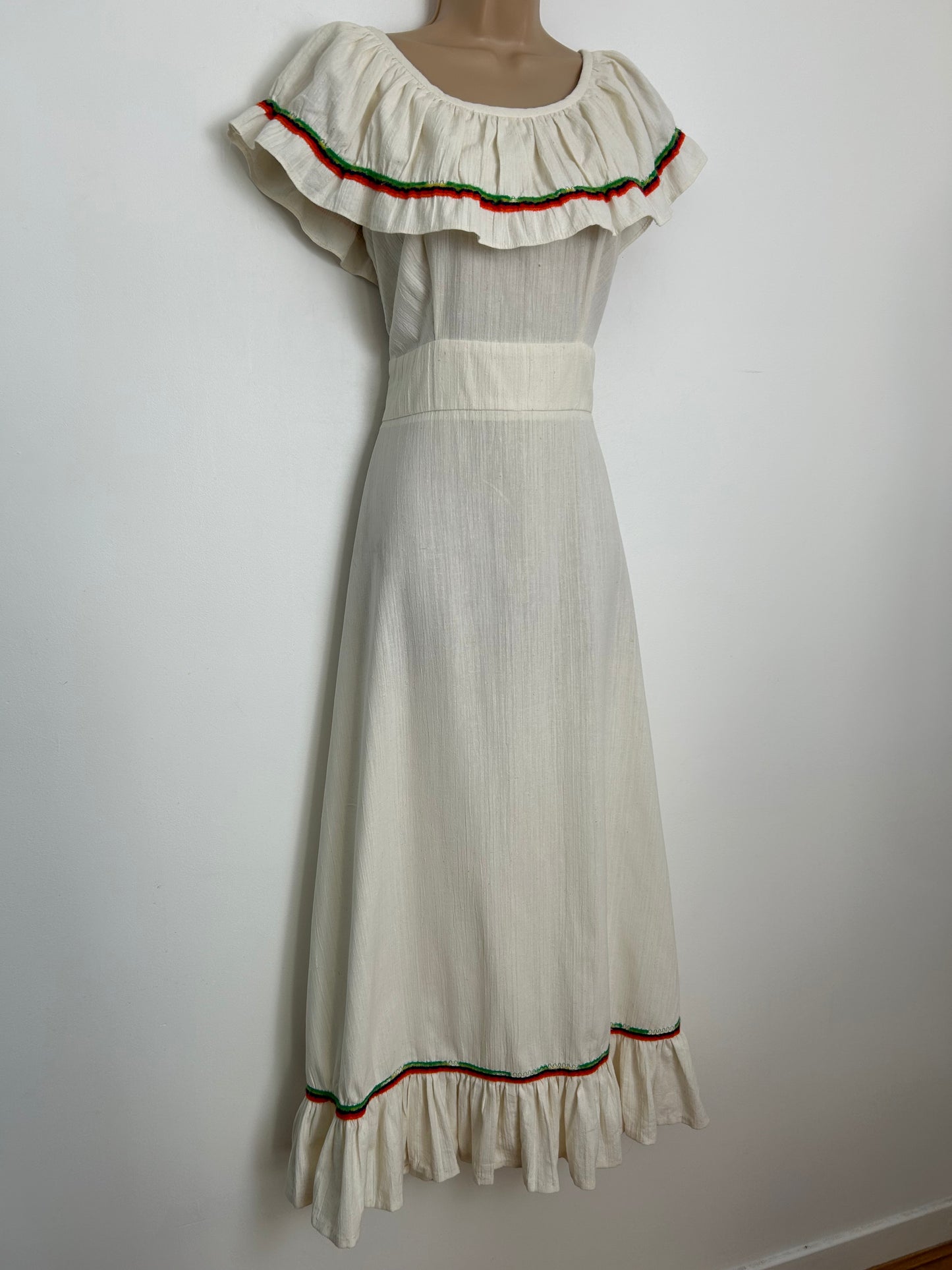 Vintage 1970s JOHN OF CLAIFORNIA Size 10 Cream Cheesecloth Cotton Bardot Boho Summer Festival Maxi Dress