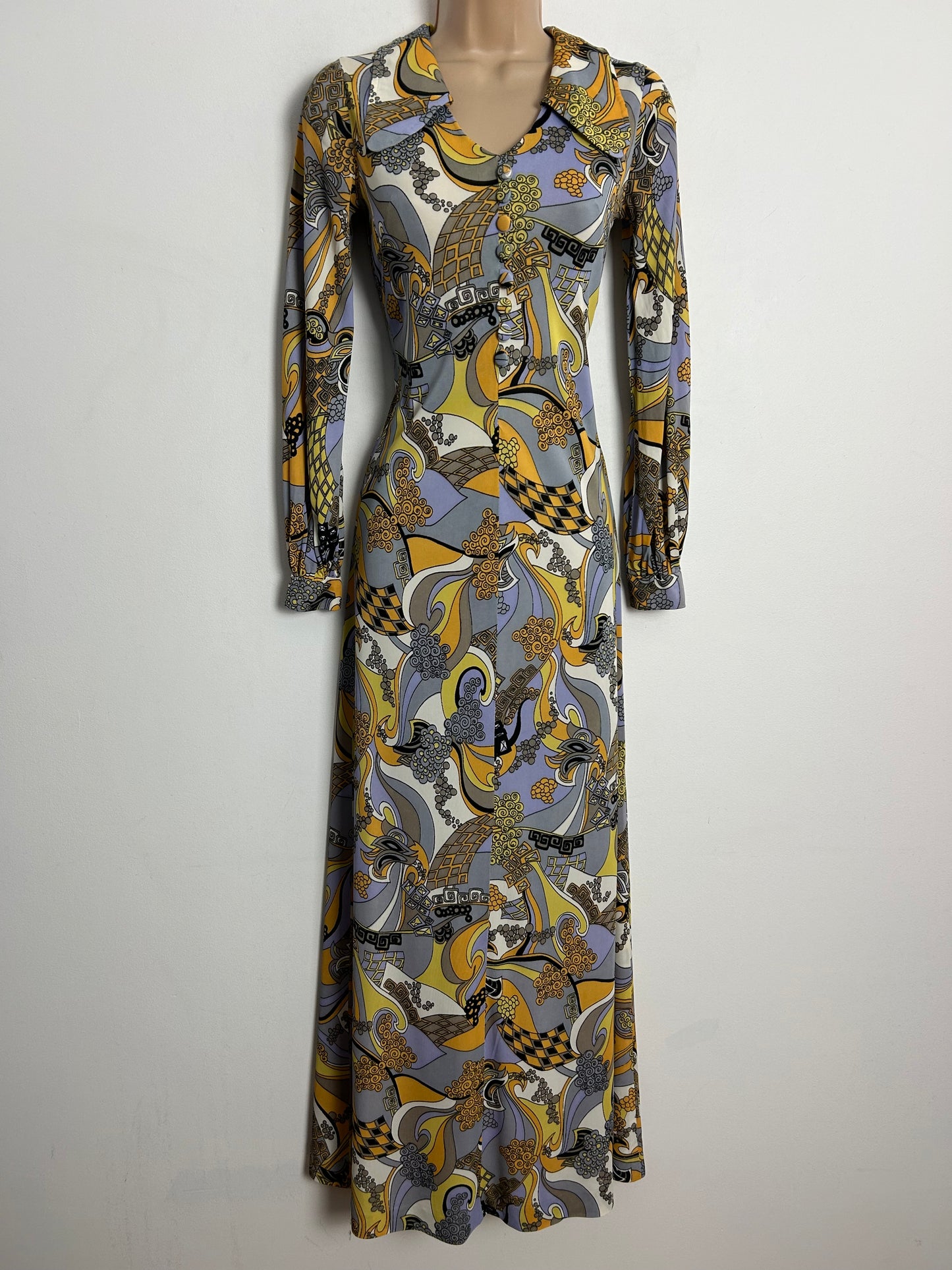 Vintage 1970s CANDA INTERNATIONAL UK Size 6 Grey Yellow Orange & White Psychedelic Print Maxi Dress