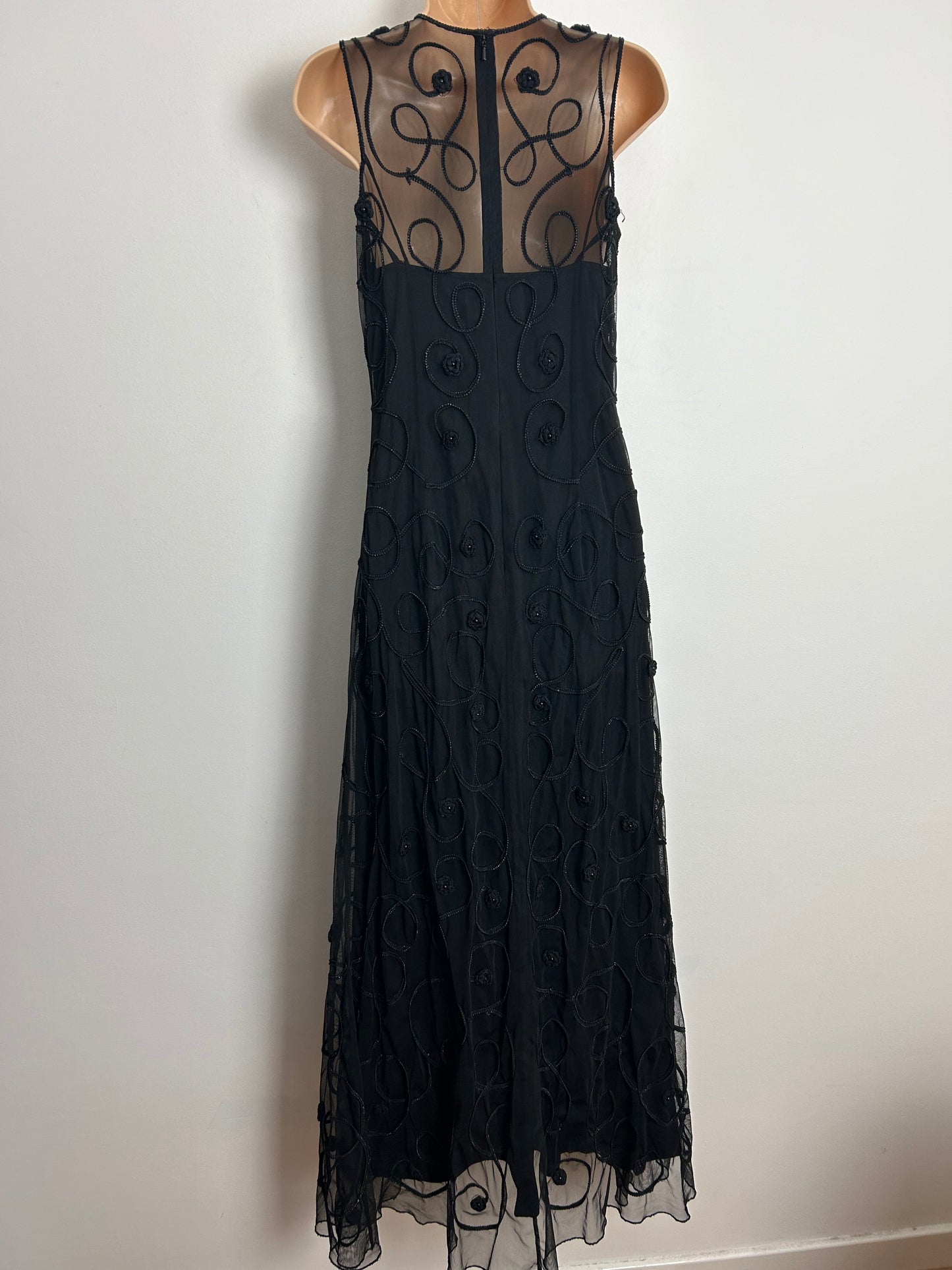 Vintage 1980s NIENTIE UK Size 8-10 Black Illusion Neck Fine Mesh Braid Trim Sleeveless Occasion Evening Maxi Dress