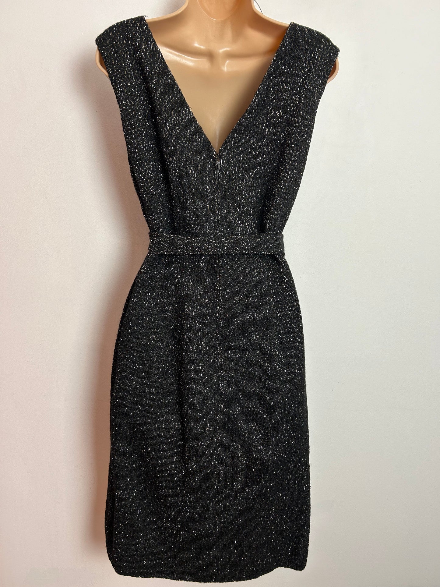 Vintage 1960s UK Size 10 Black & Metallic Thread Belted Xmas Party Dress