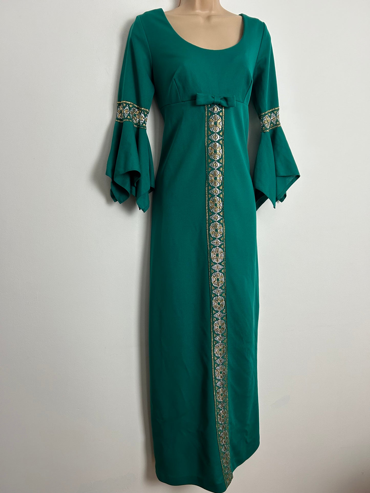 Vintage 1970s UK Size 8 Teal Green With Gold & Silver Braid Trim Handkerchief Cuff Maxi Dress