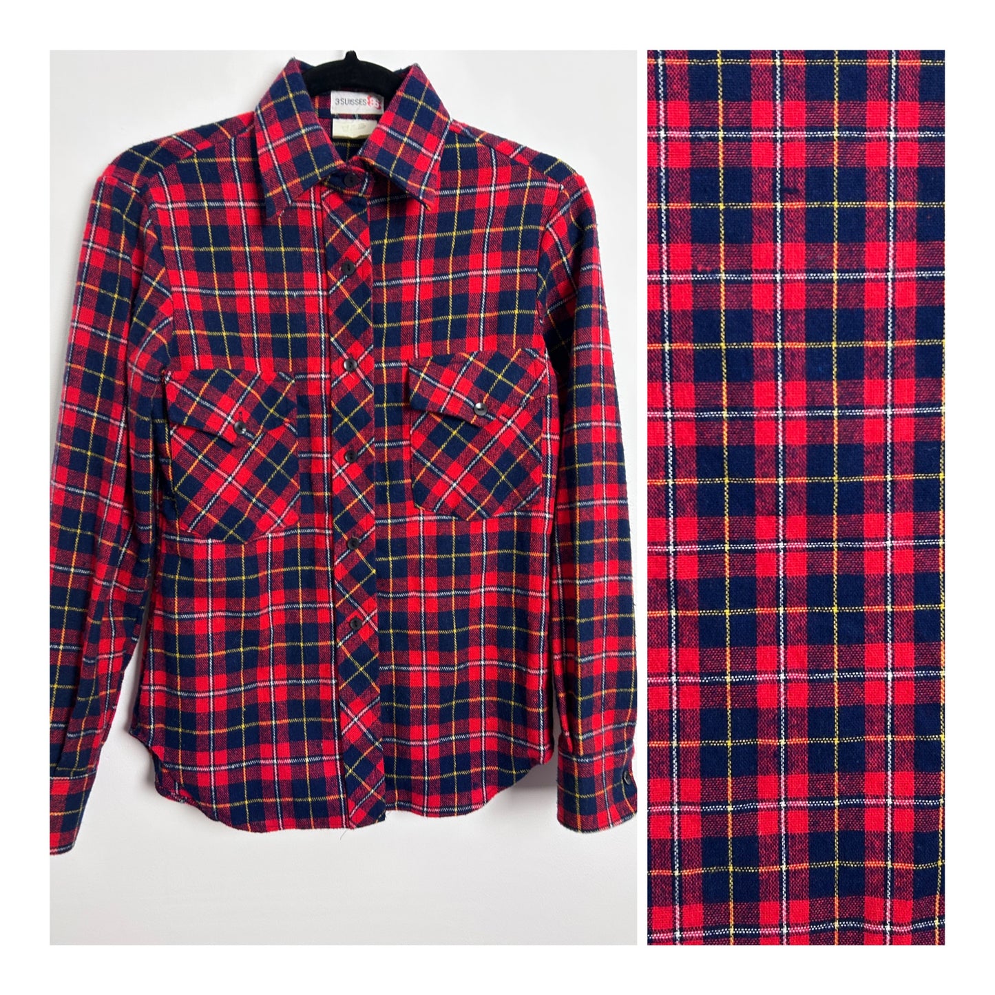 Vintage 1980s 3 SUISSES UK Size 8 Red & Blue Tartan Check Pocket Detail Long Sleeve Shirt