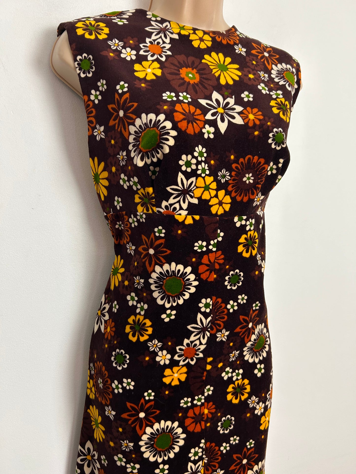 Vintage 1970s UK Size 12 Gorgeous Brown Yellow Rust & White Floral Print Velvet Maxi Dress