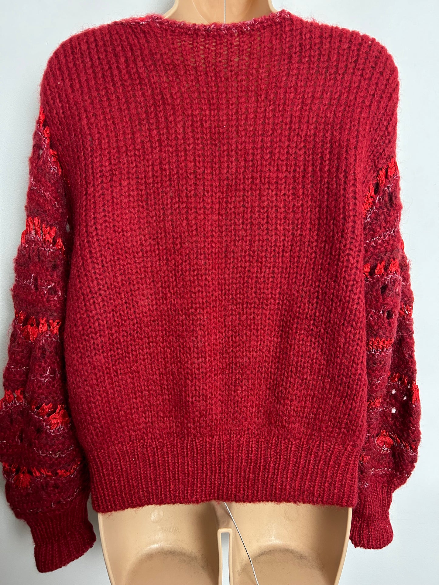 Vintage 1980s UK Size 10-12 Red Mohair & Ribbon Knit Long Sleeve Cardigan