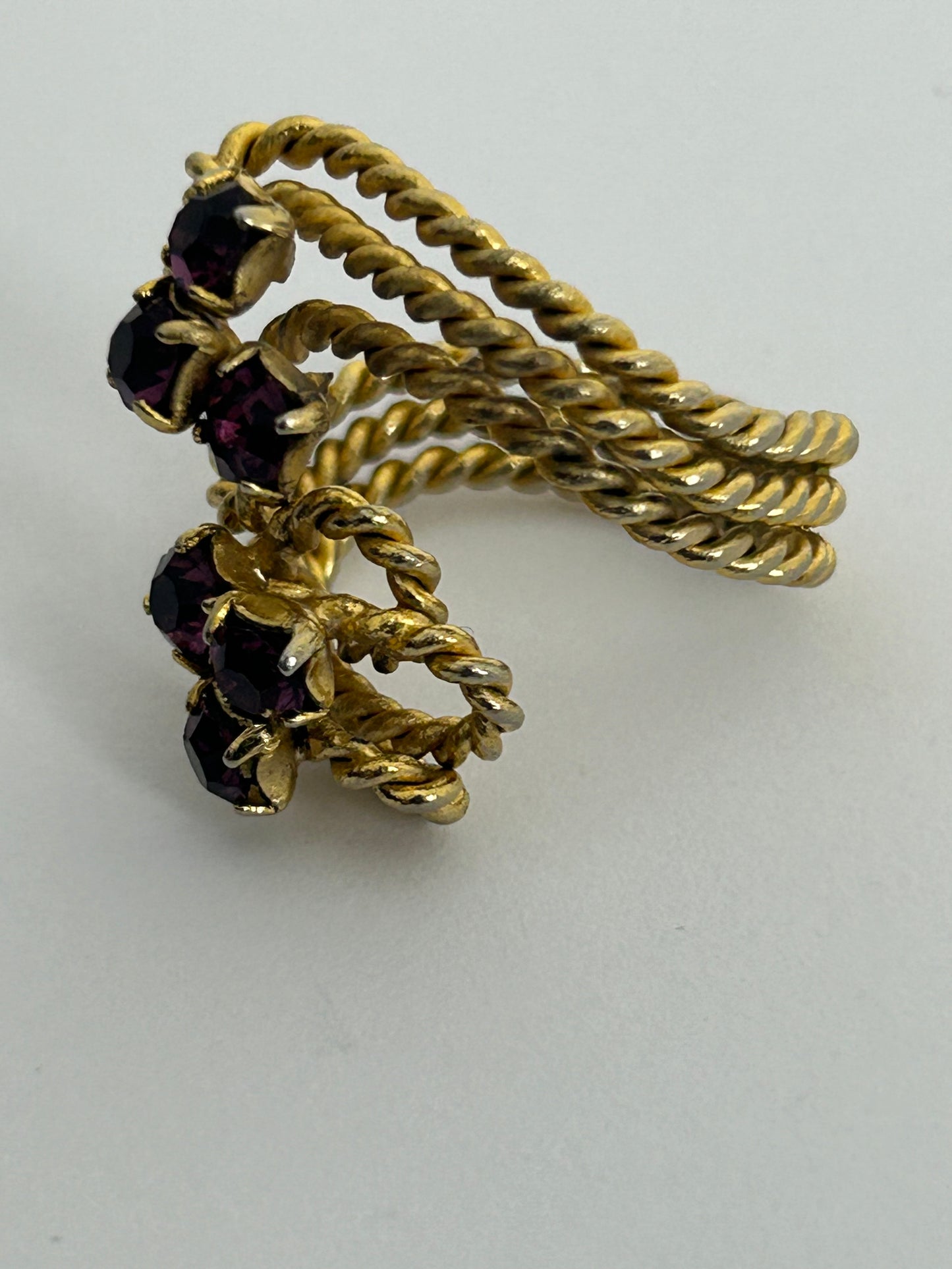 Vintage Gold Tone Base Metal Triple Strand Purple Diamante Stone Wrap Ring Size P
