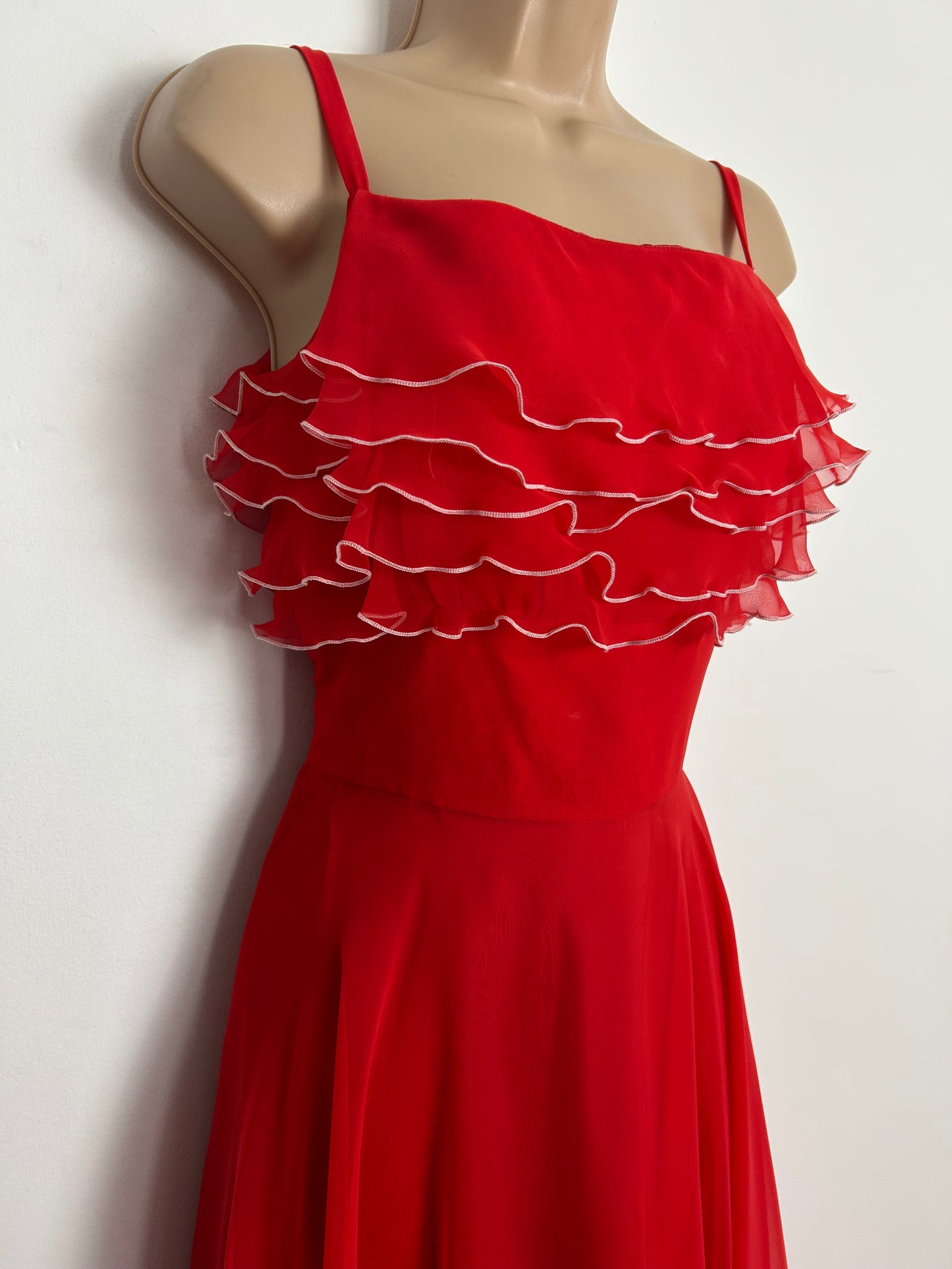 Vintage 1970s YVETTE Size 8 Red Ruffle Layered Strappy Summer Occasion Maxi Dress