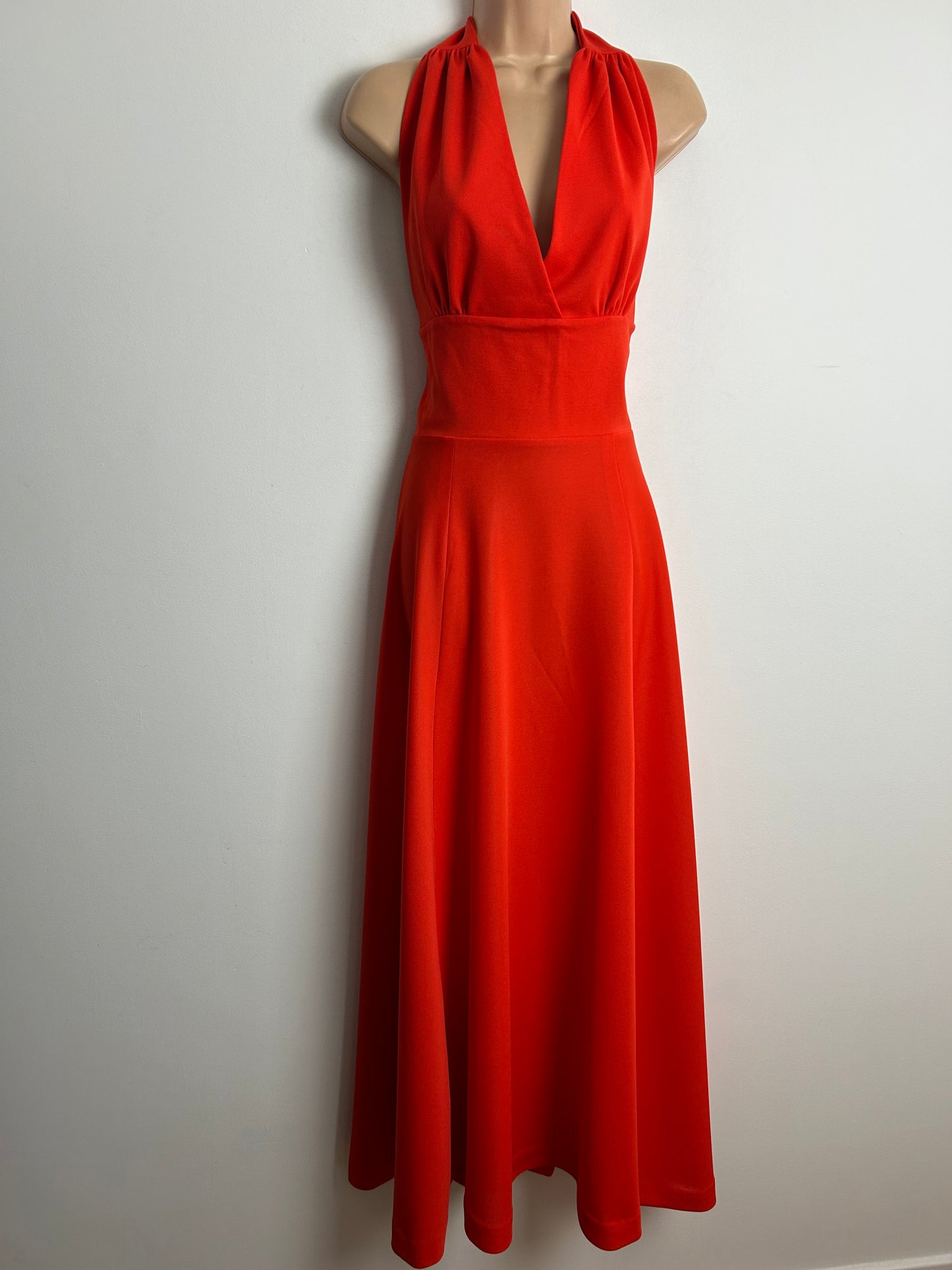 Vintage 1970s Size 6-8 Red Halter Neck Open Backed Maxi Dress