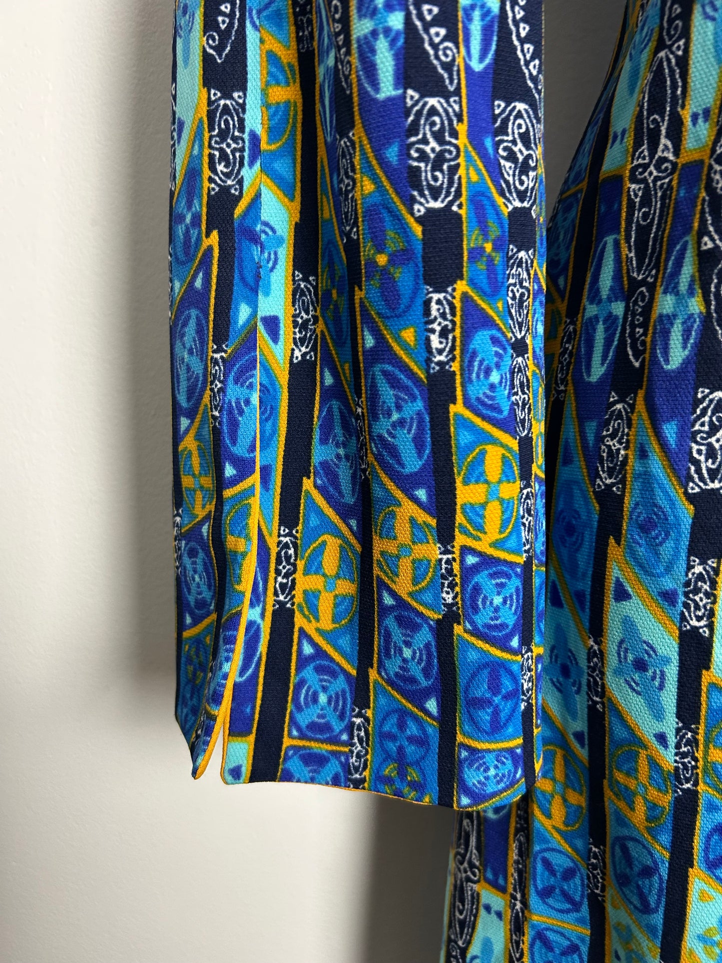Vintage 1970s HARMONY Size 10-12 Blue Tones & Mustard Yellow Abstract Geo Check Print Long Sleeve Maxi Dress