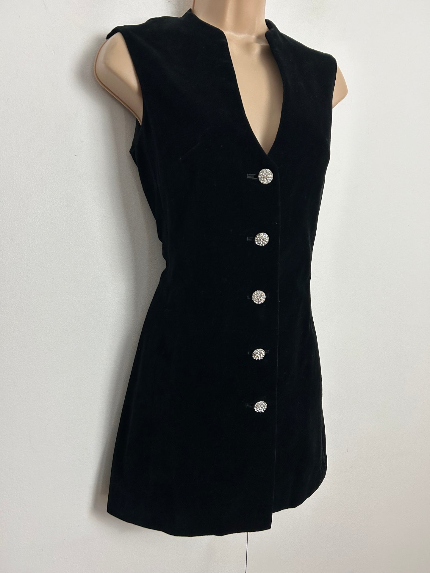 Vintage 1960s UK Size 8-10 Black Velvet Sleeveless Diamante Button Mini Mod Shift Dress