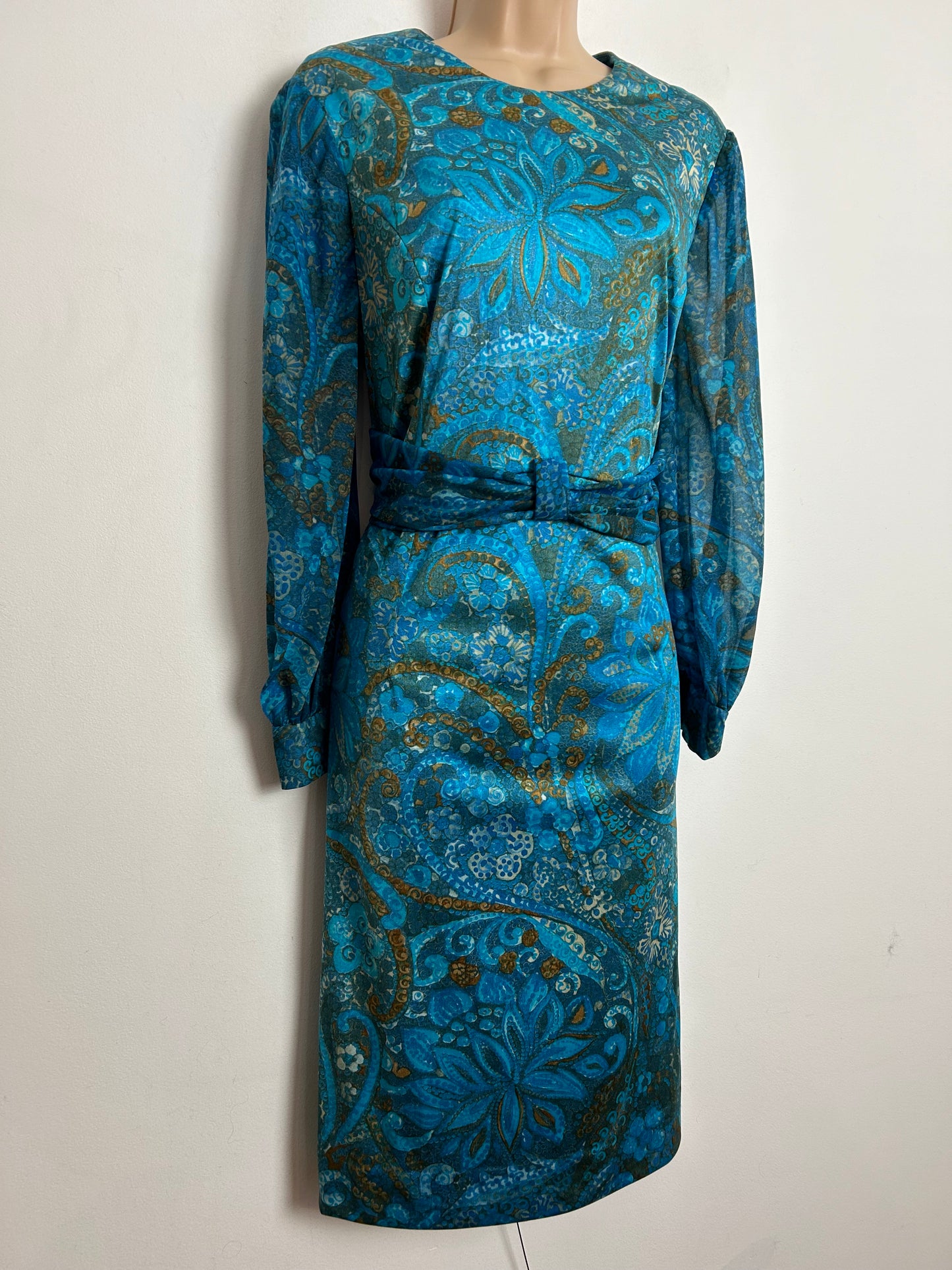 Vintage 1960s SCHWORM MODELL UK Size 14 Blue Tones Floral Print Long Sleeve Dress