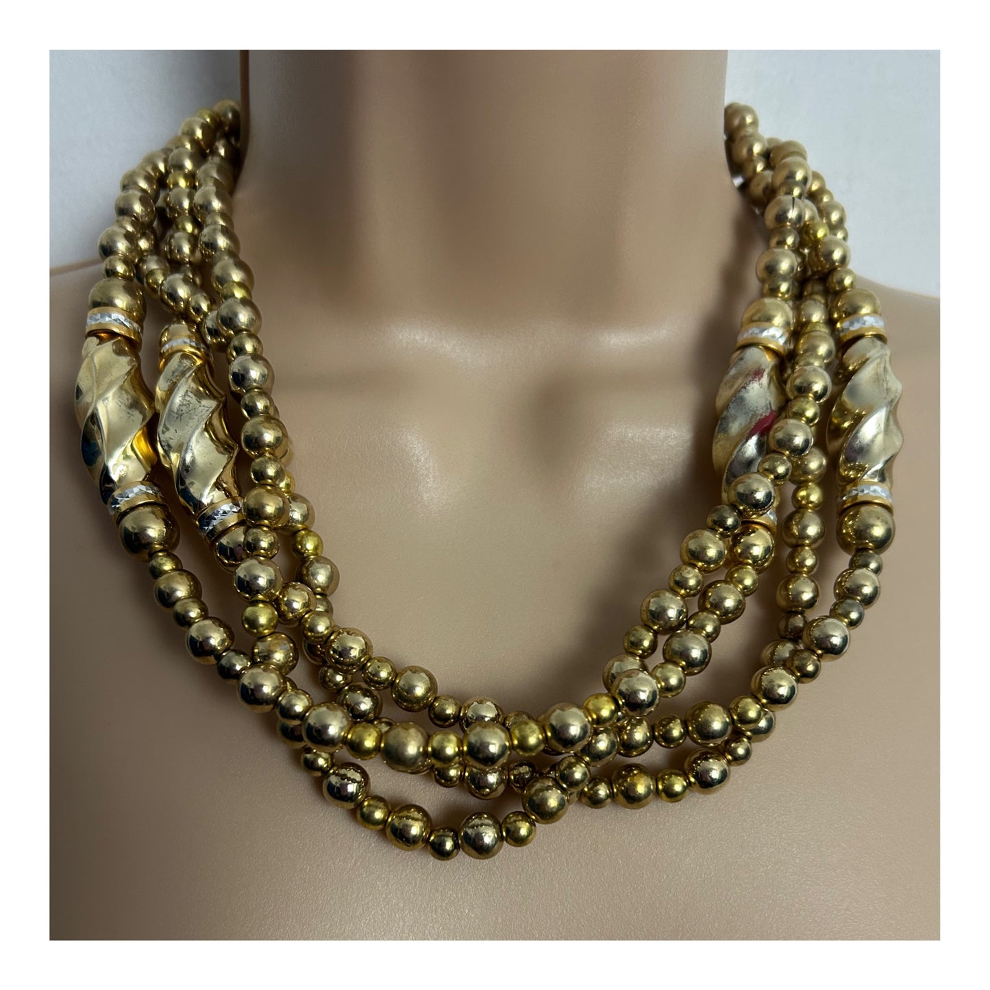Vintage Chunky Four Strand Gold Bead Statement Necklace