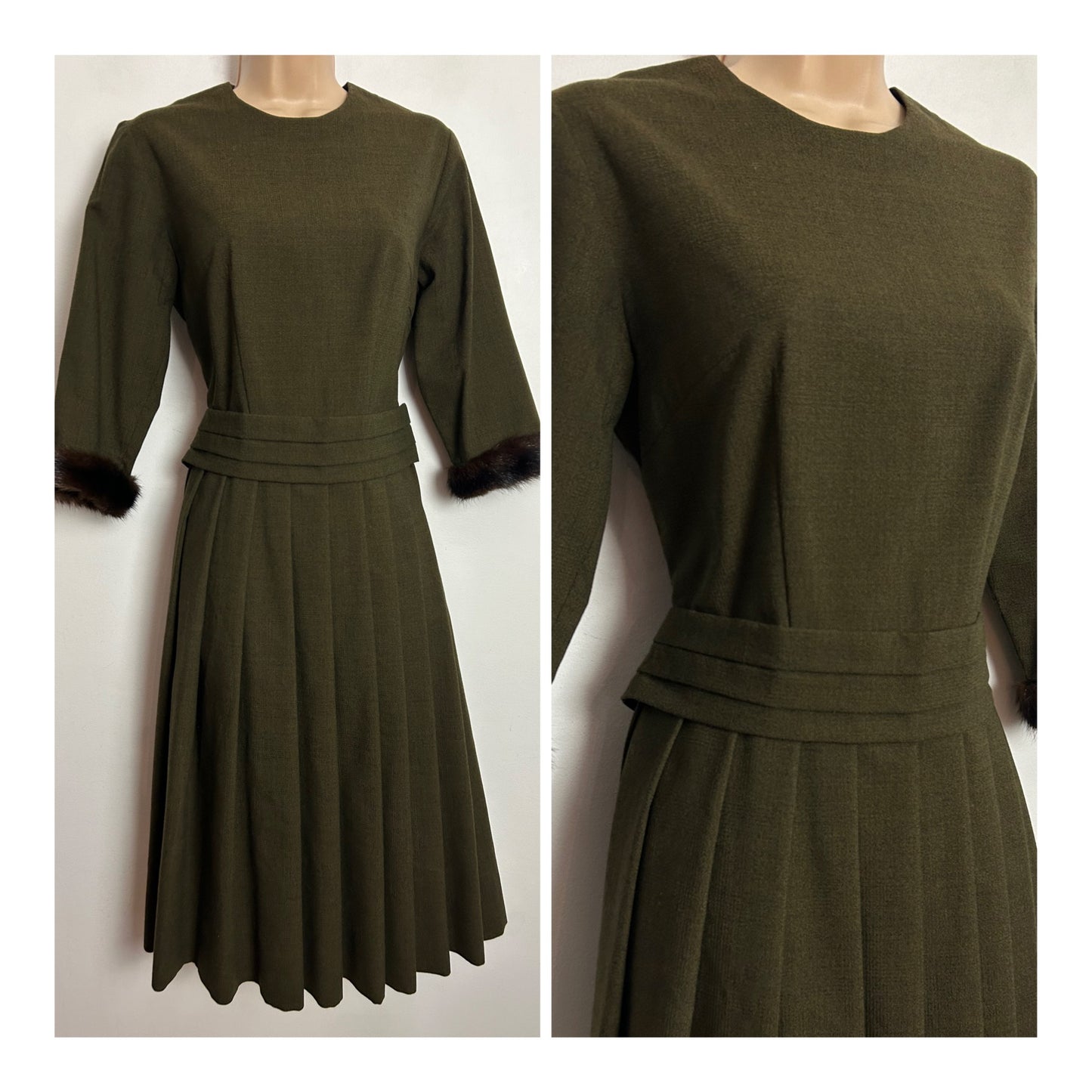 Vintage 1950s UK Size 8 Khaki Green Wool Mix Fur Cuff Pleated Dress