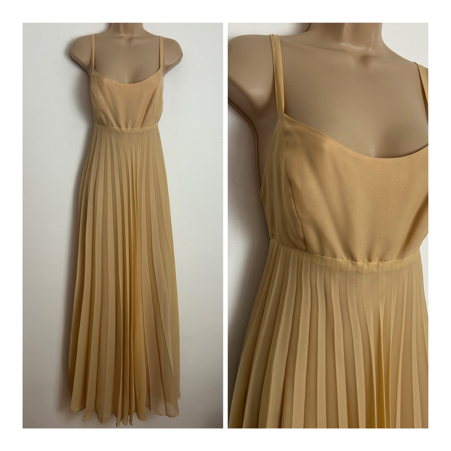 Vintage 1970s ARLETTE BERESSI Size 8 Nude Beige Strappy Pleated Empire Line Occasion Maxi Dress