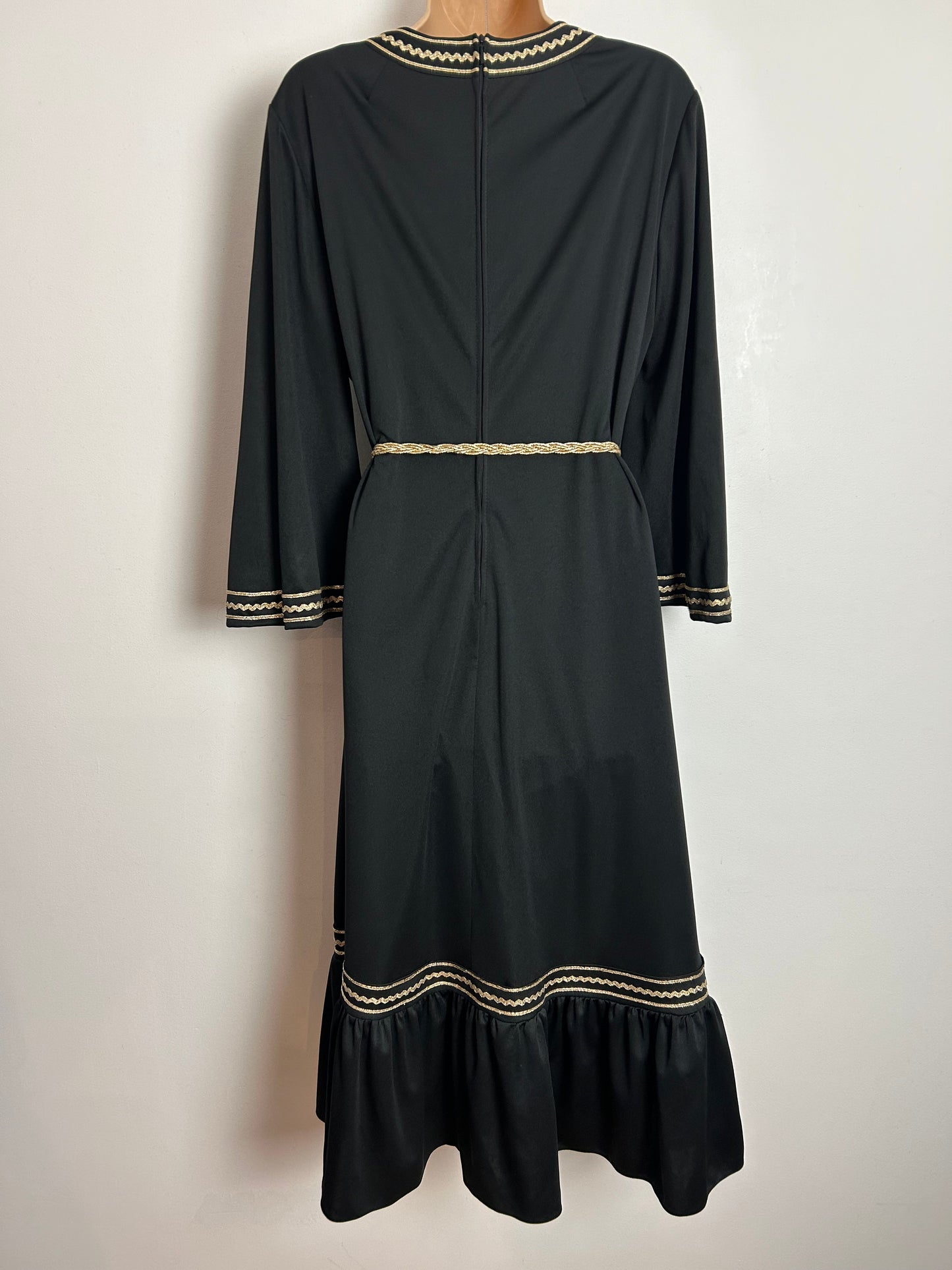 Vintage 1970s Size 14 Black & Metallic Gold Braid Trim Long Sleeve Belted Midi Dress