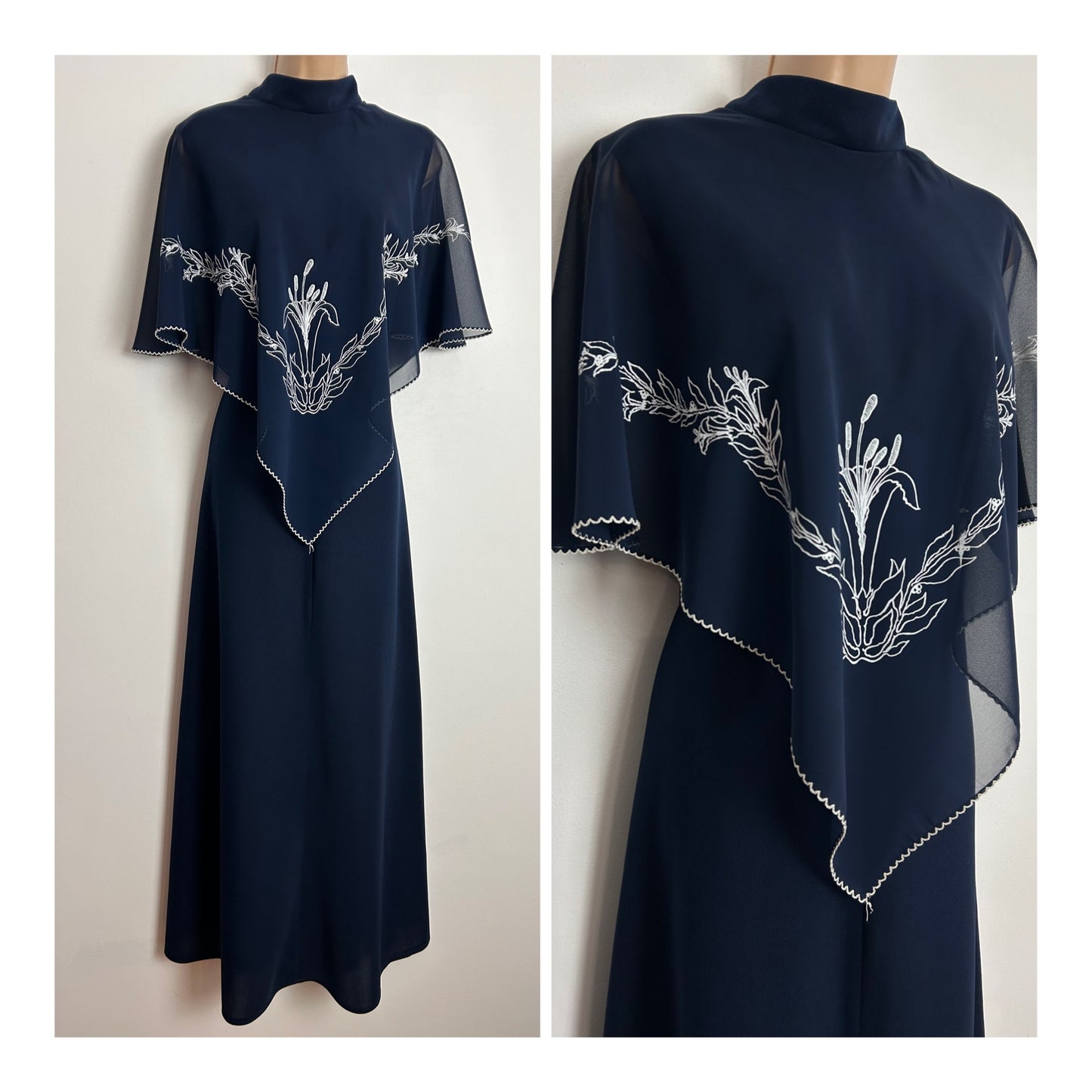 Vintage 1970s UK Size 14 Navy Blue Cape Sleeve Floral Pattern Boho Maxi Dress