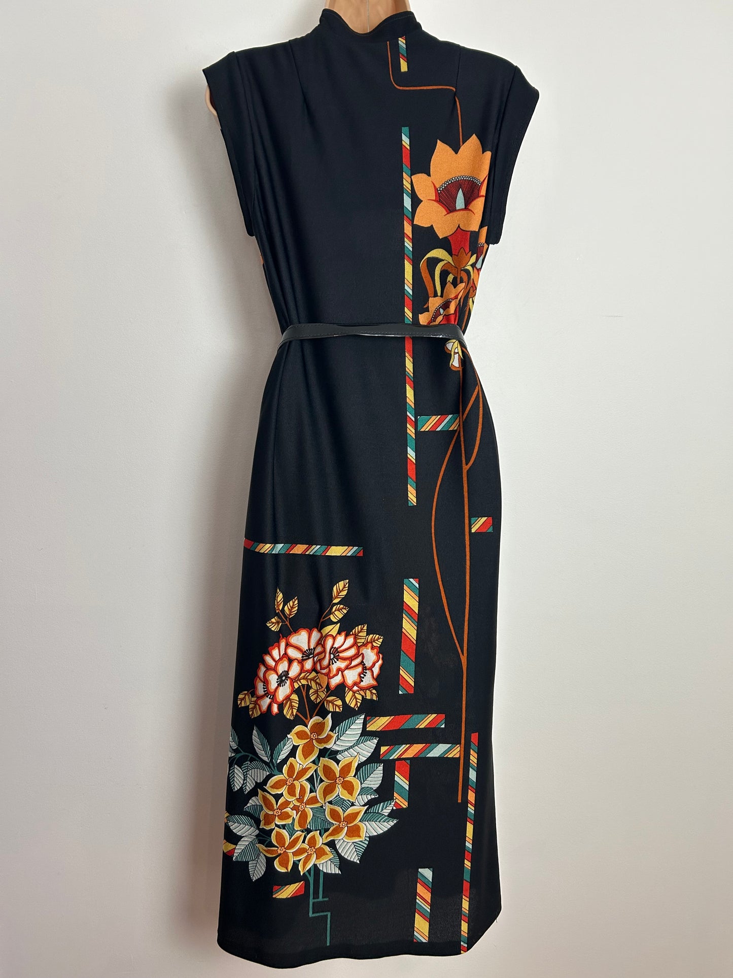 Vintage 1970s PAT FARRELL FOR FIONA DRESSES Size 10 Black Orange & Blue Floral & Stripe Print Belted Midi Dress