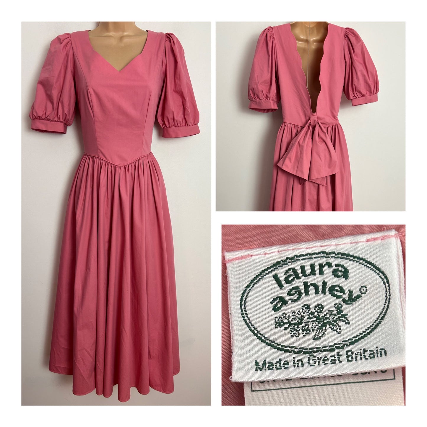 Vintage 1980s LAURA ASHLEY UK Size 10 Pink Cotton Bow Back Midi Ballgown Dress