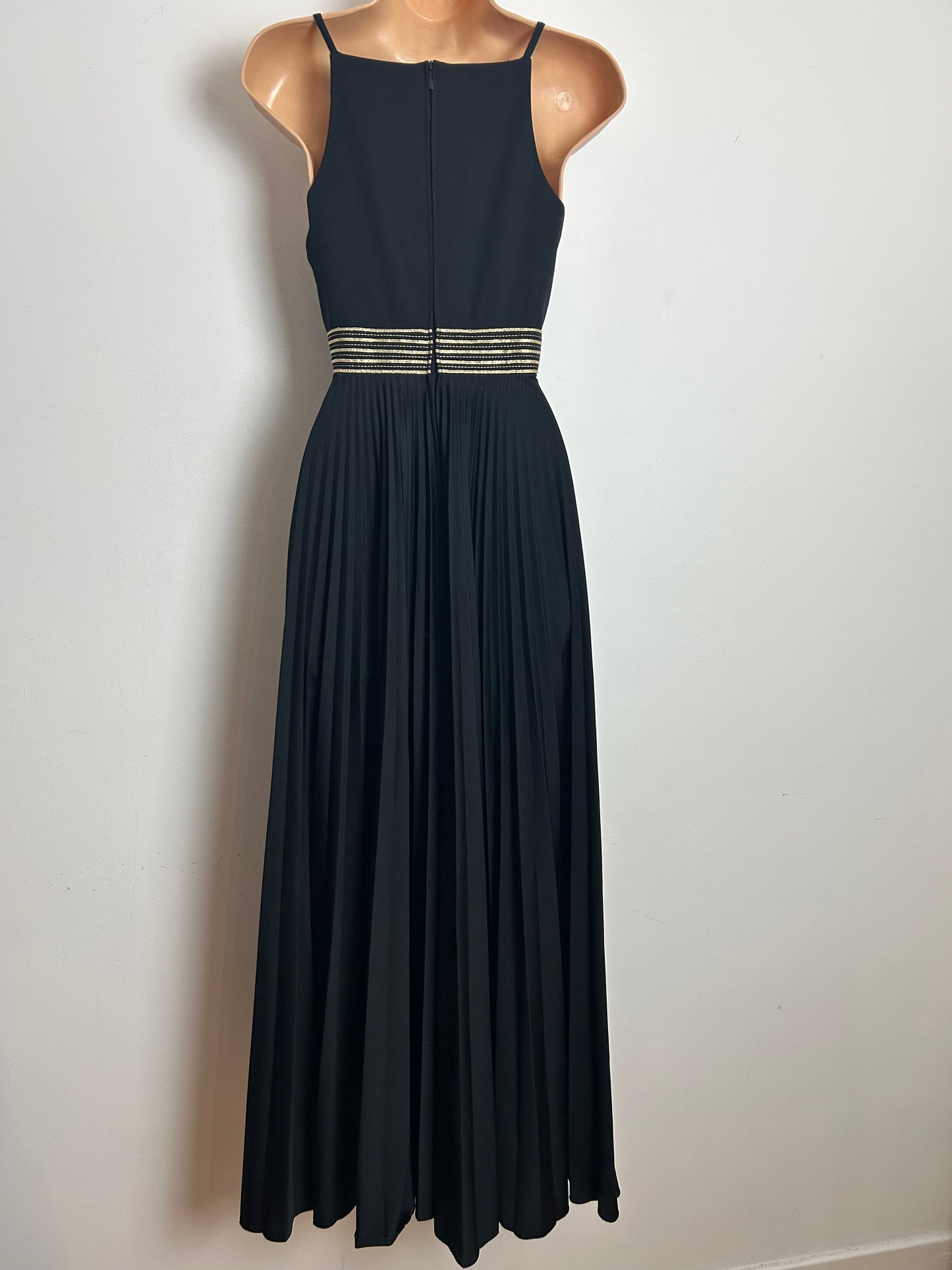 Vintage 1970s YVETTE Size 6-8 Black & Gold Braid Trim Pleated Empire Line Evening Maxi Dress