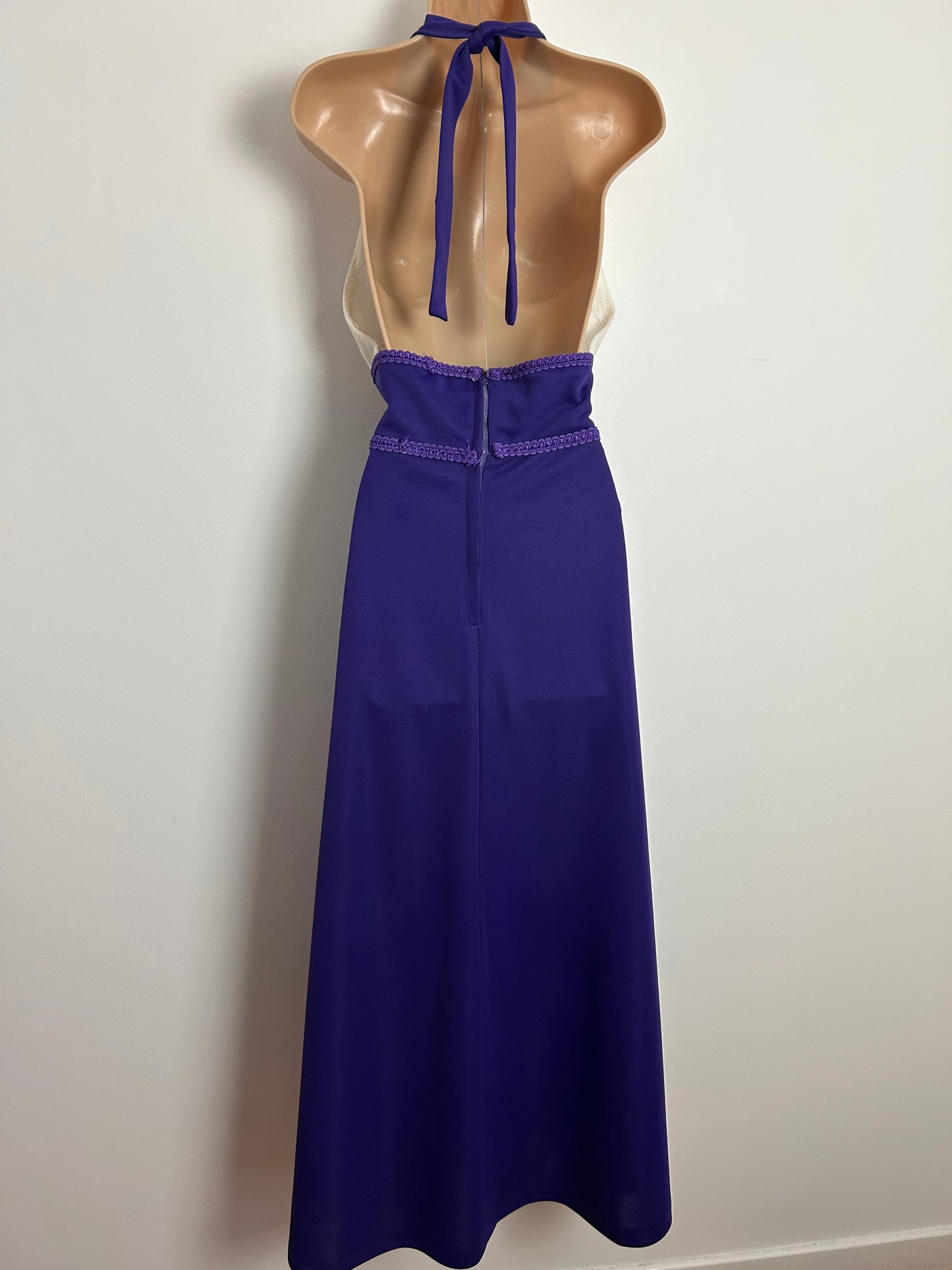 Vintage 1970s Size 10 Purple & White Plisse Pleated Halter Style Braid Trim Occasion Maxi Dress