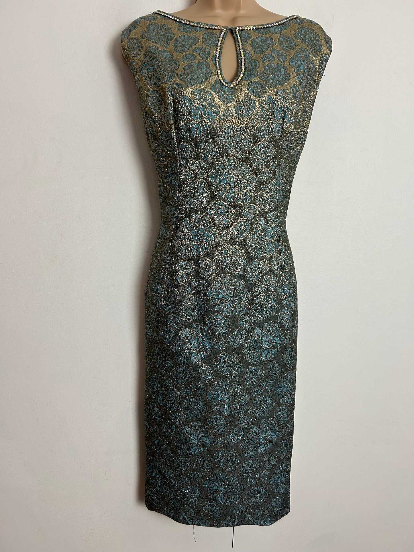 Vintage 1960s UK Size 14 Gold & Blue Lurex Brocade Diamante Embellished Party Mod Shift Dress