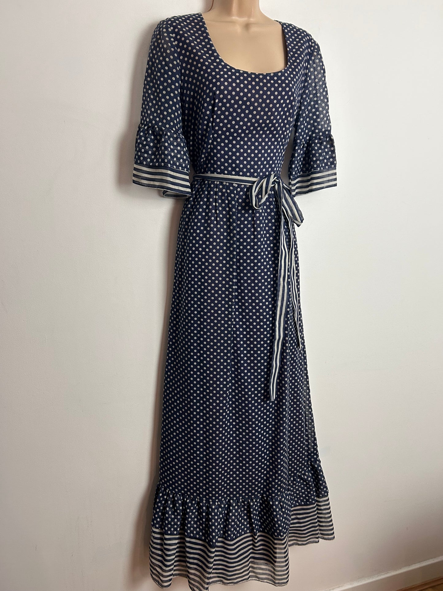 Vintage 1970s KATI At Laura Phillips UK Size 10 Navy Blue & White Polka Dot & Stripe Print Cotton Mix Belted Boho Maxi Dress
