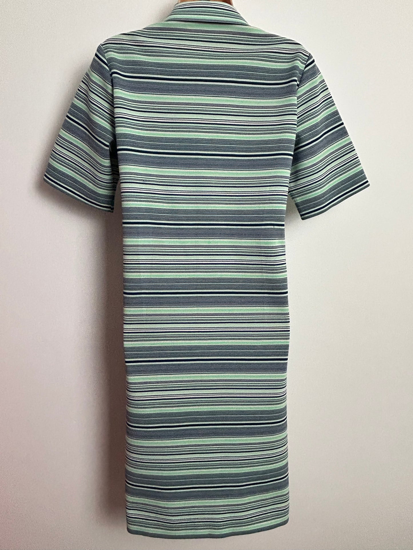 Vintage 1970s MISS JEANNIE Size 14 Navy Blue Green & White Stripe Print Pocket Detail Zip Front Shift Mod Dress