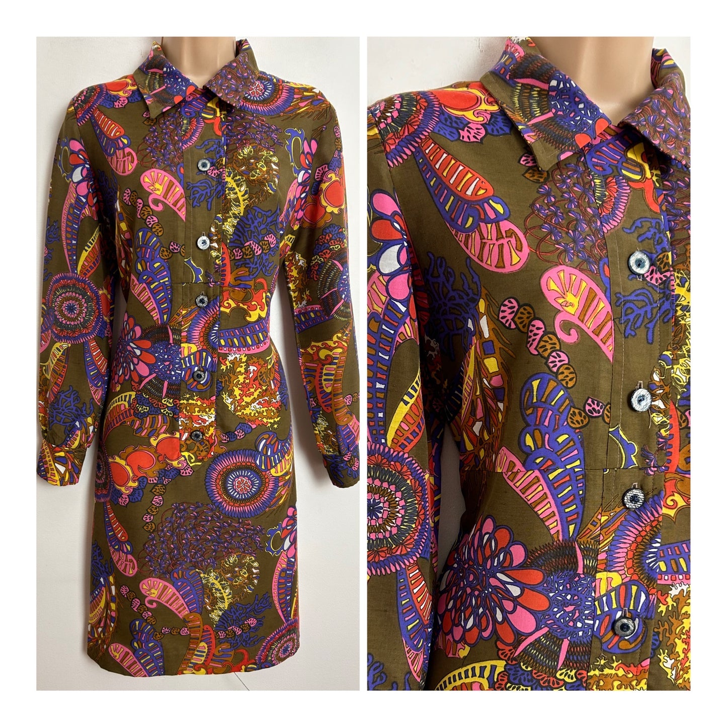 Vintage Late 1960s CARNEGIE OF LONDON UK Size 10-12 Olive Green Pink & Yellow Floral & Paisley Print Long Sleeve Shift Mod Dress