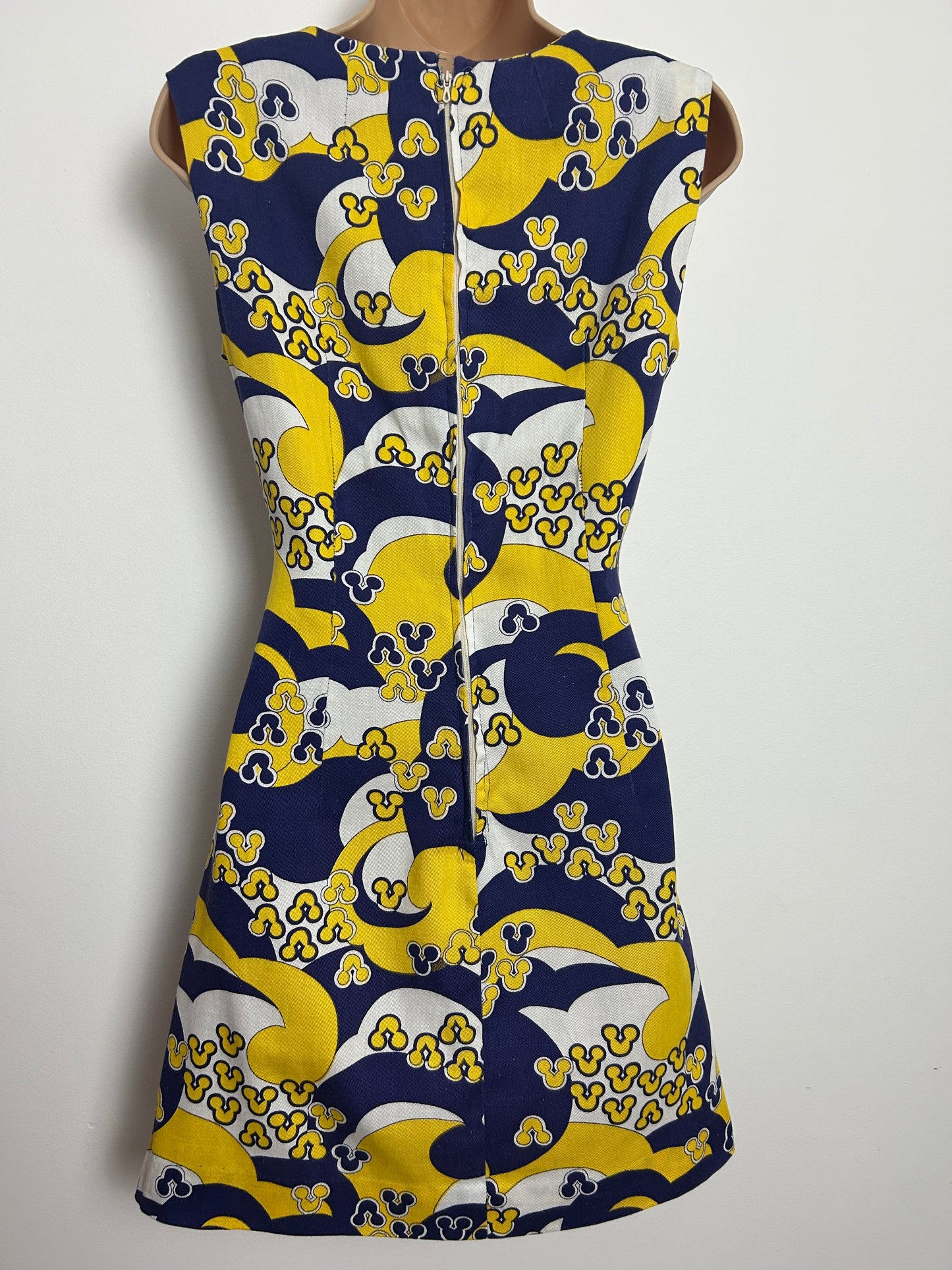Vintage 1960s Size 8 Navy Blue Yellow & White Psychedelic Print Cotton Mini Mod Shift Dress