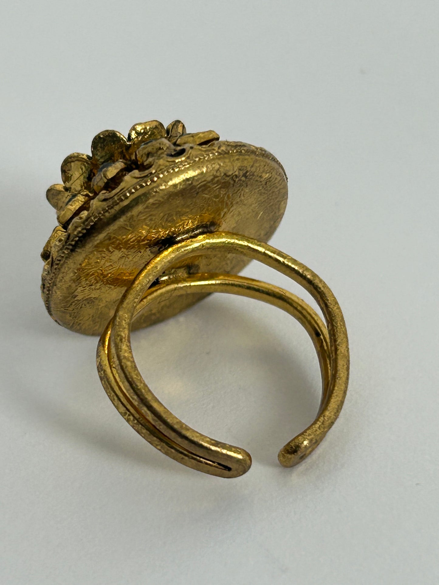 Vintage Gold Tone Base Metal & Blue Diamante Set Adjustable Ring Up To Size M