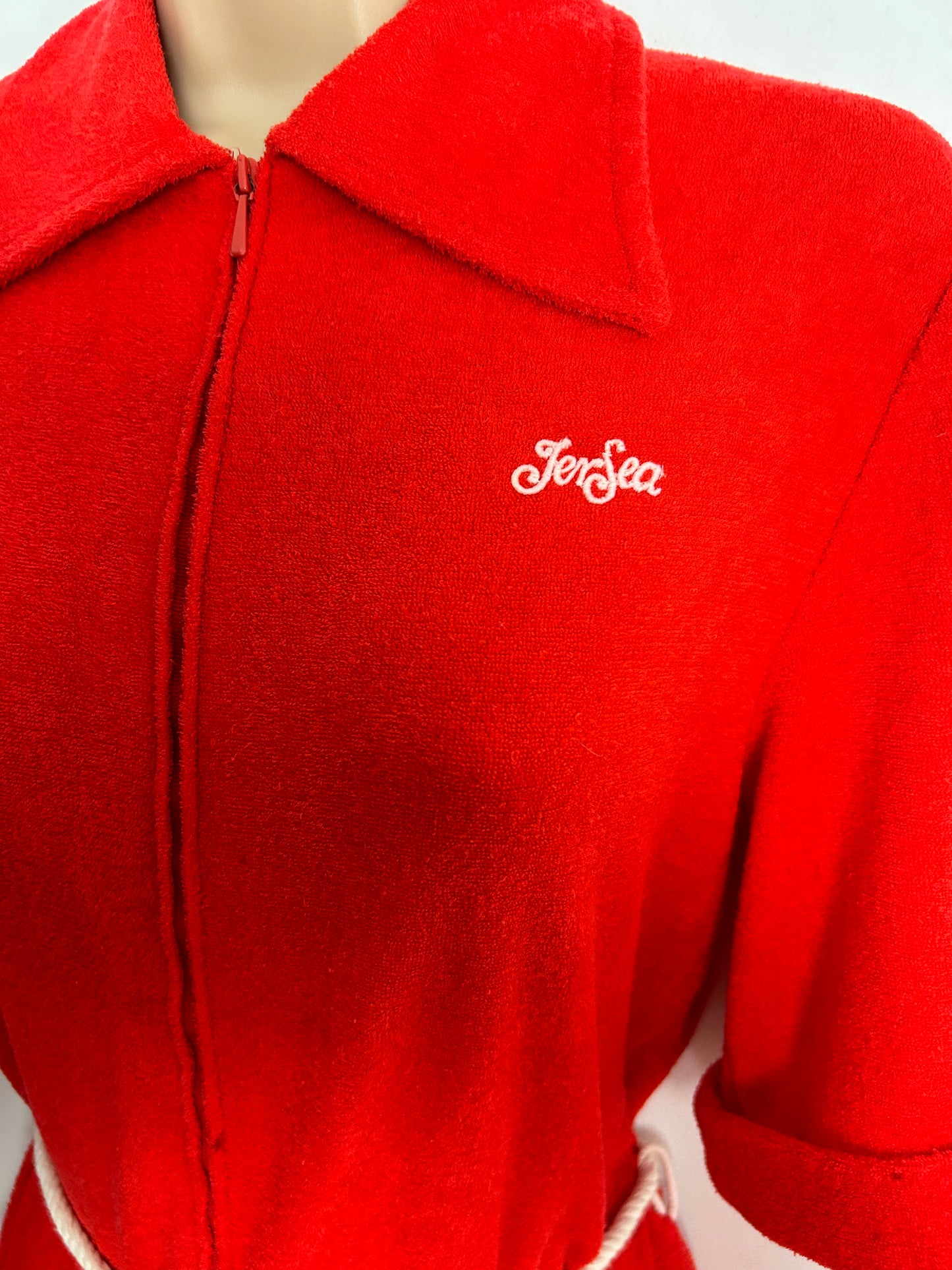 Vintage 1970s JER-SEA OF SWEDEN UK Size 12-14 Red Soft Towelling Belted Pocket Detail Zip Fronted Cuffed Ankle Jumpsuit