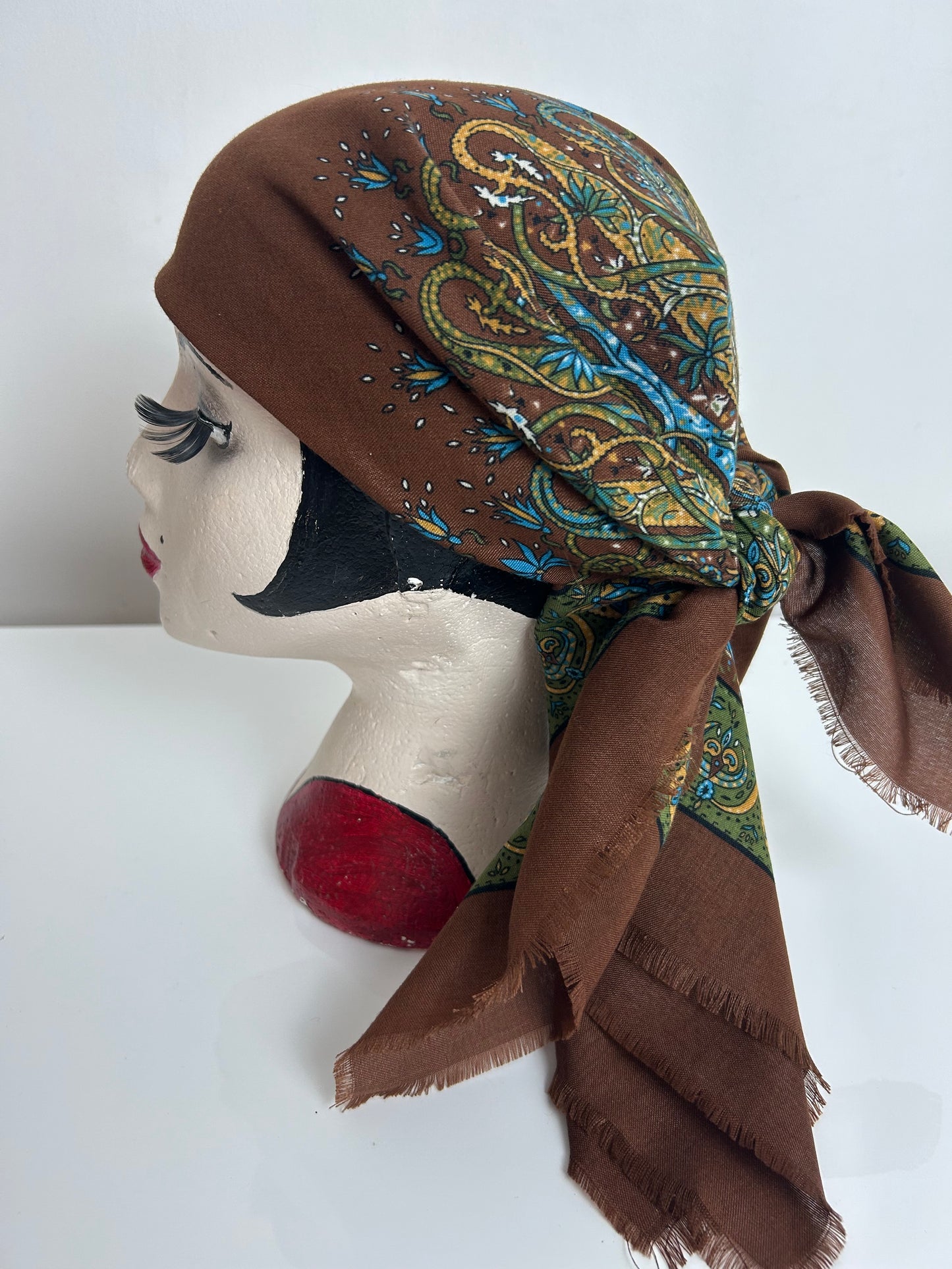 Vintage Brown Green & Sandy Beige Floral Print Cotton Mix Scarf 78cm x 78cm