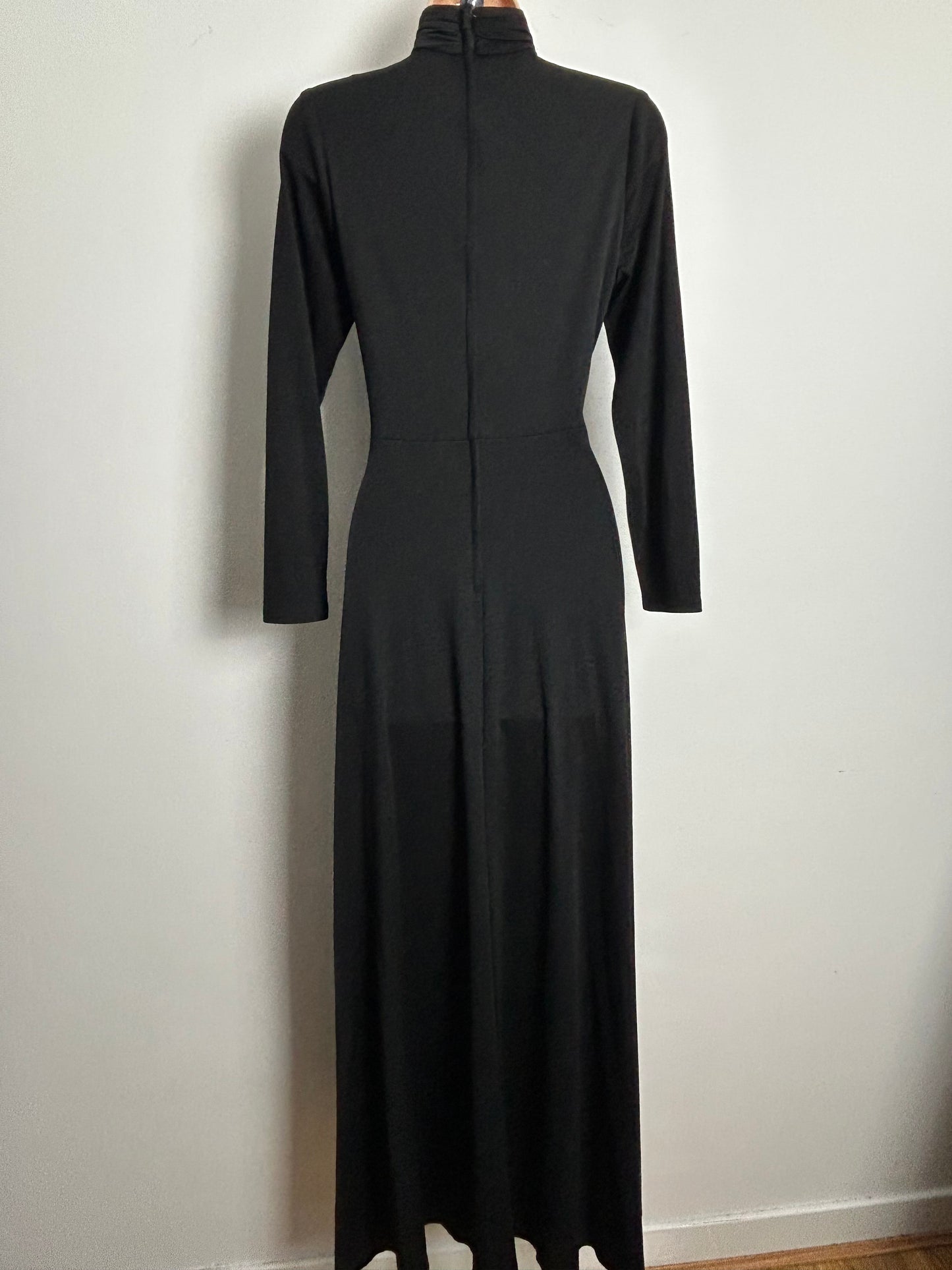 Vintage 1970s JOHN MARKS Size 10 Black Diamante Detailing Open Front Occasion Evening Maxi Dress