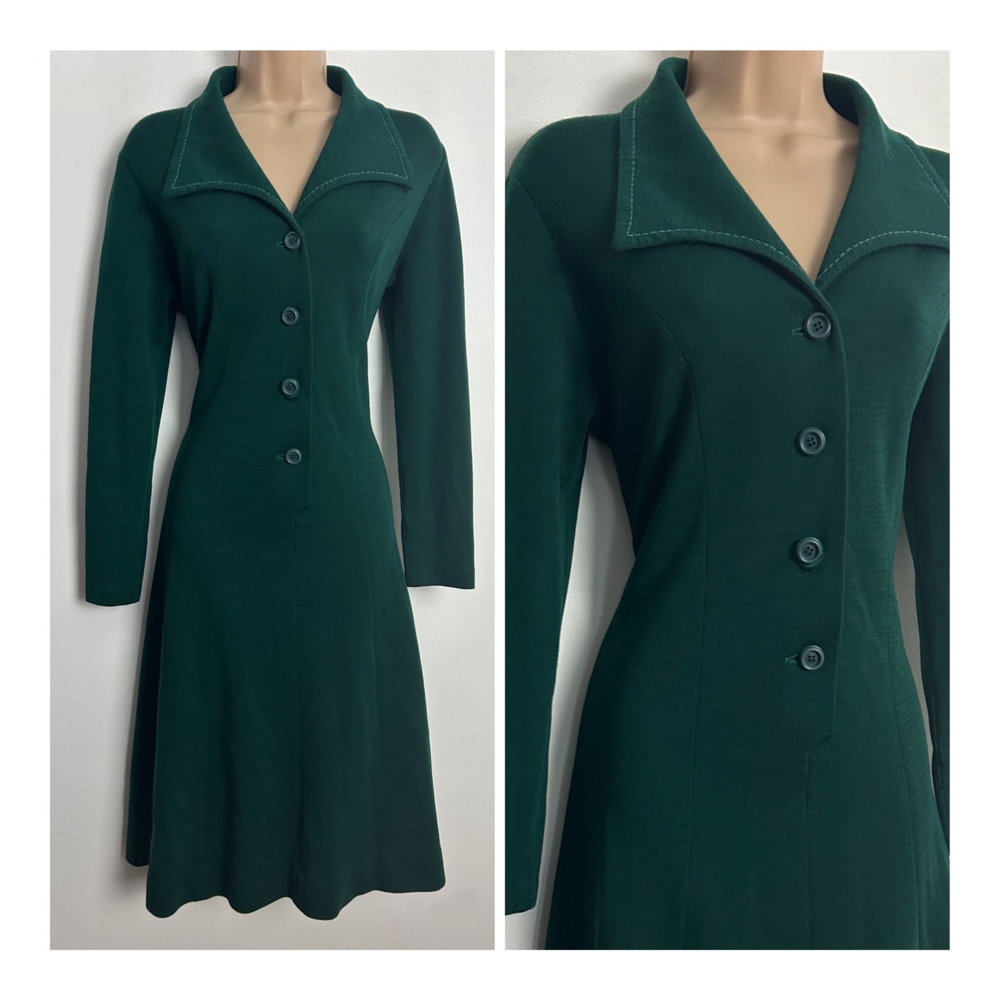 Vintage 1970s SPES PARIS UK Size 12 Forest Green Long Sleeve Jersey Mod Day Dress