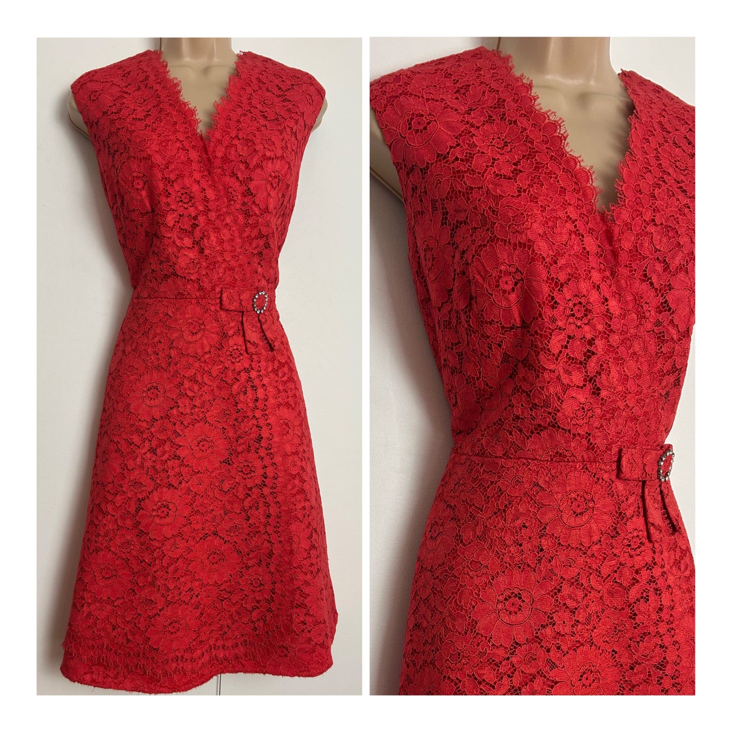 Vintage 1960s DUCHESSE MODELL Size 10 Burnt Orange Guipure Lace Mock Wrap Bow Detail Mod Occasion Dress