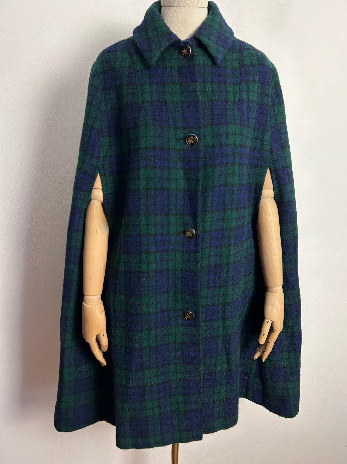 Vintage 1990s UK Size 10 Dark Blue & Green Tartan Check Scottish Wool Cape