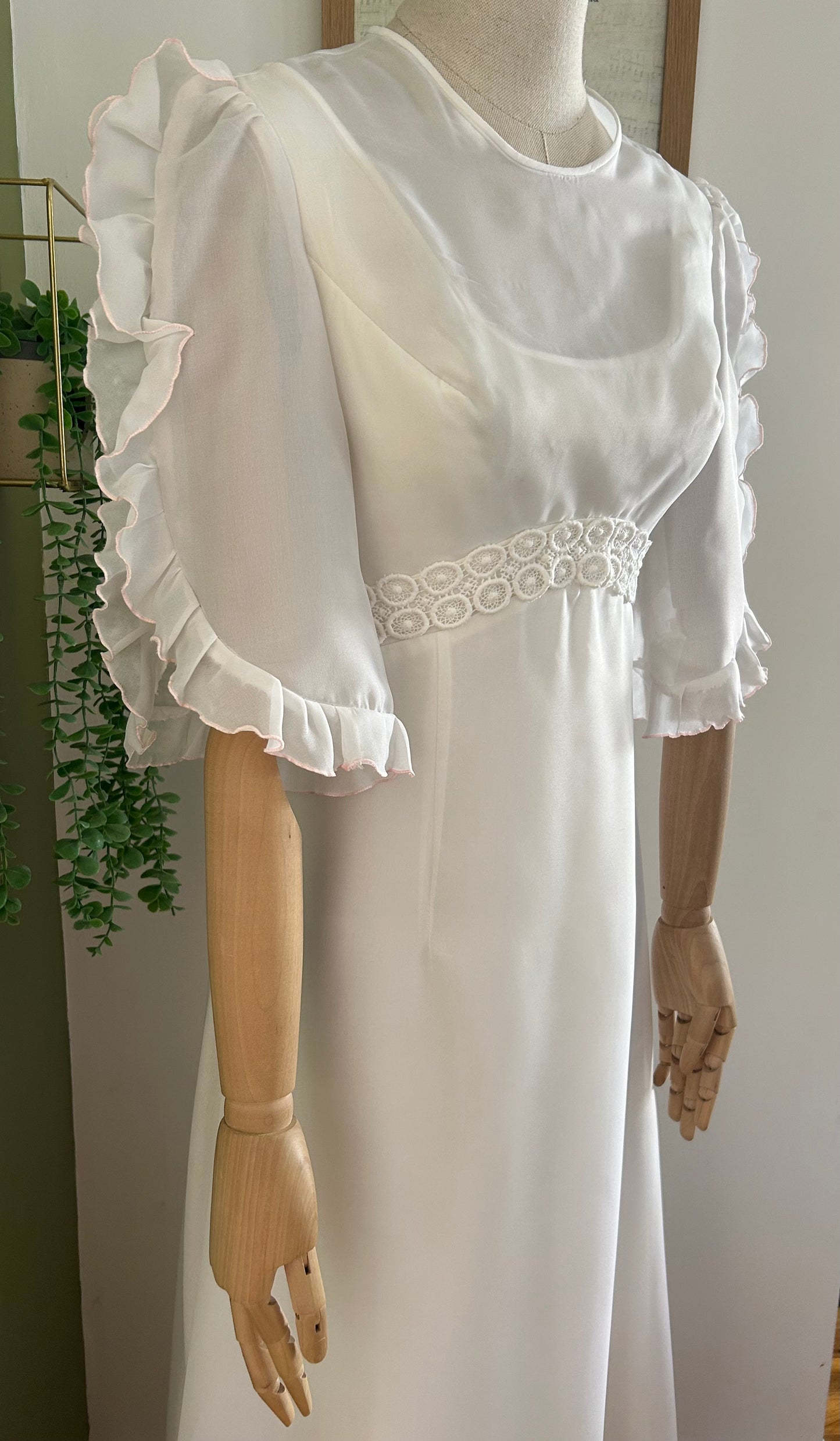 Vintage 1970s Size 6 White Ruffle Trim Mid Sleeve Boho Wedding Dress With Small Train