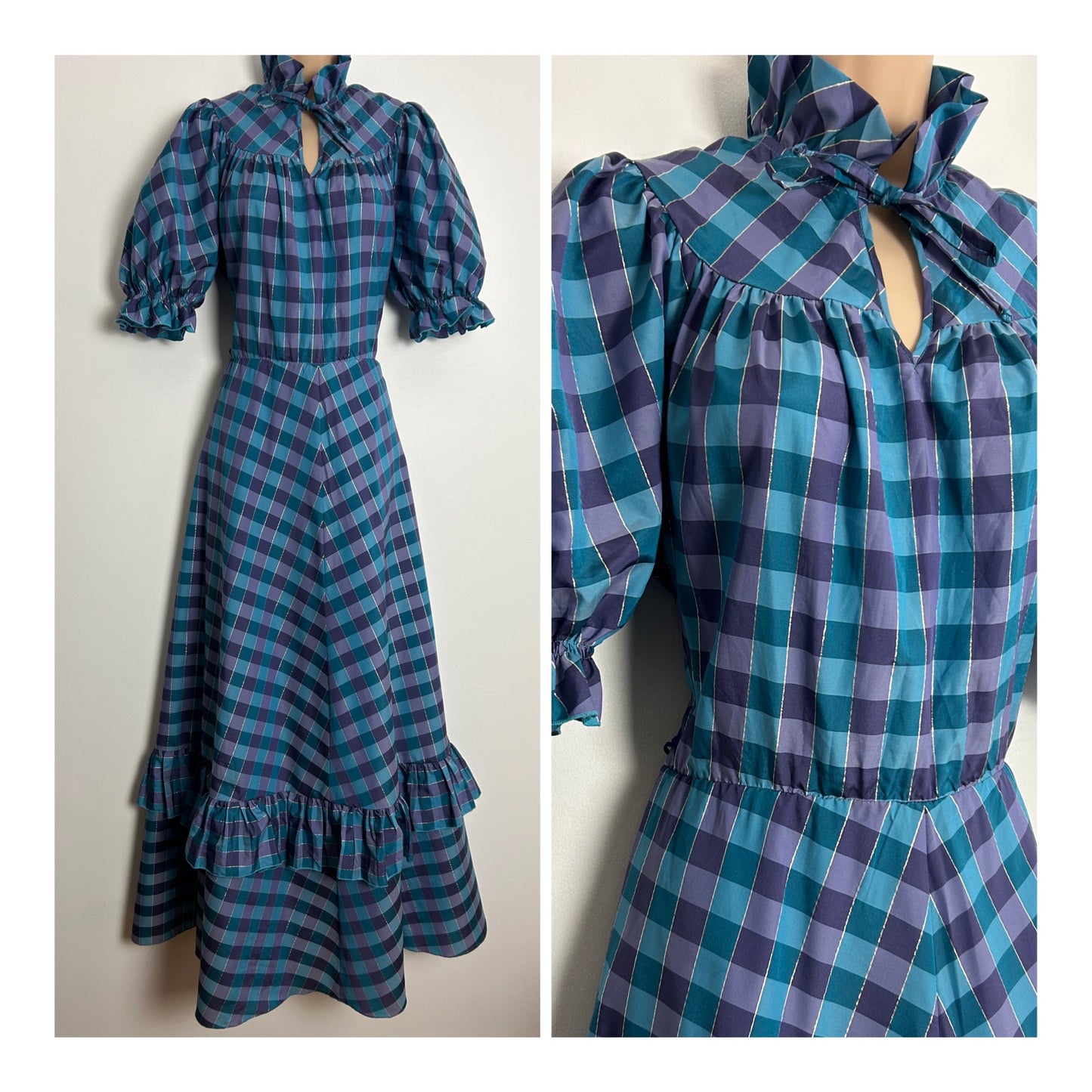 Vintage Late 1970s UK Size 10 Blue Purple & Gold Check Pattern Ruffle Collar Tie Neck Short Sleeve Prairie Maxi Dress