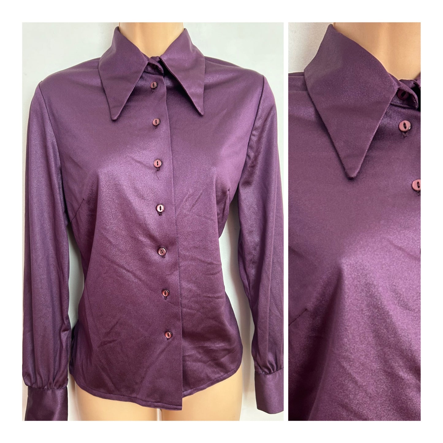 Vintage 1970s WELKUT UK Size 10 Plum Purple Dagger Collar Long Sleeve Shirt