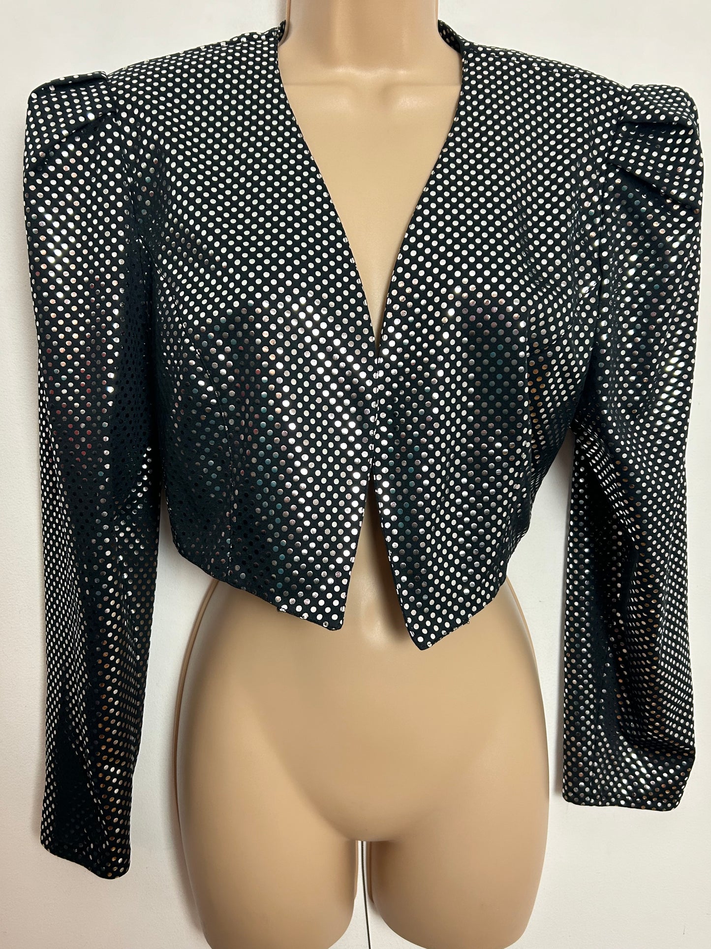Vintage 1980s PM STYLE UK Size 12-14 Black & Metallic Silver Polka Dots Long Sleeve Bolero Cover Up