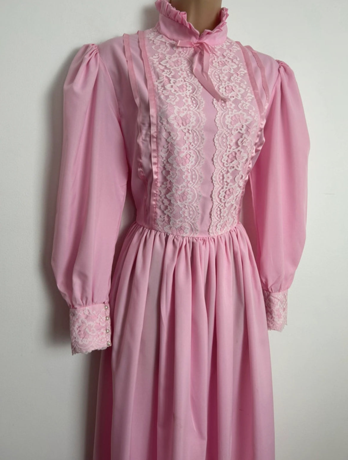Vintage 1970s Size 10 Pink Lace Trim High Neck Long Sleeve Prairie Maxi Dress