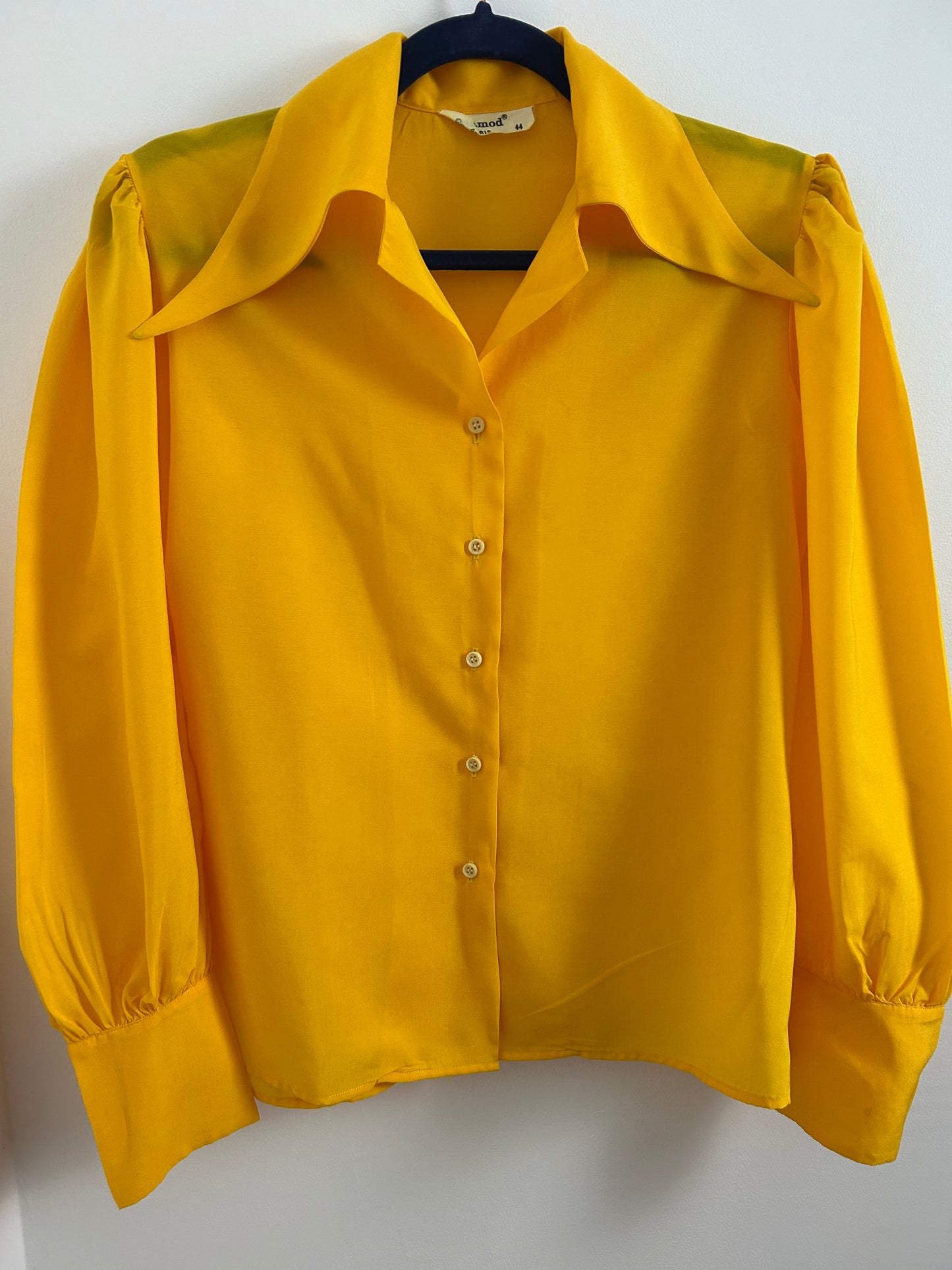 Vintage 1970s CELAMOD PARIS Size 12 Mustard Yellow Dagger Collar Long Sleeve Shirt