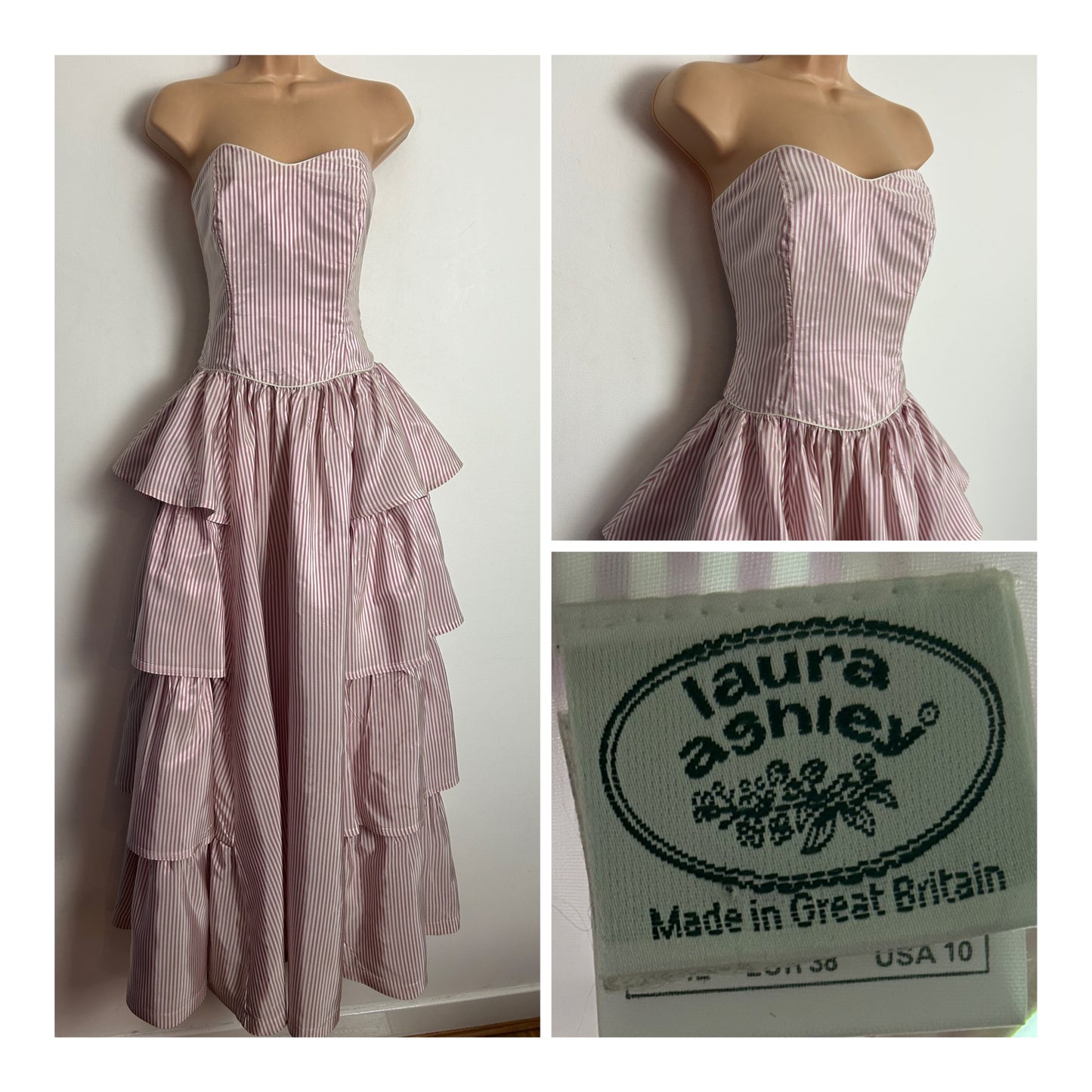 Vintage 80s LAURA ASHLEY UK Size 8 (Size 12 On Label) Strapless Pale Pink & White Stripe Tiered Full Length Ballgown