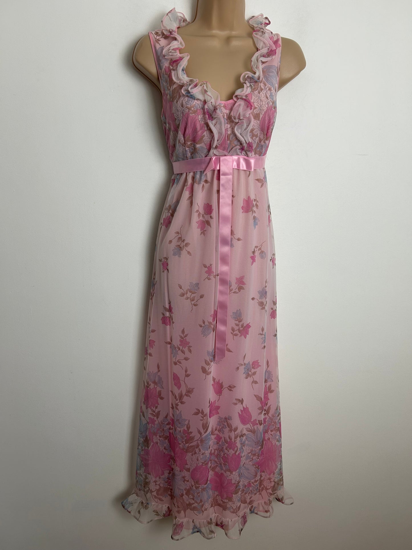 Vintage 1970s Size 10 Pink Tones Floral Print Ruffle Trim Bow Detail Nylon Nightdress Or Maxi Dress