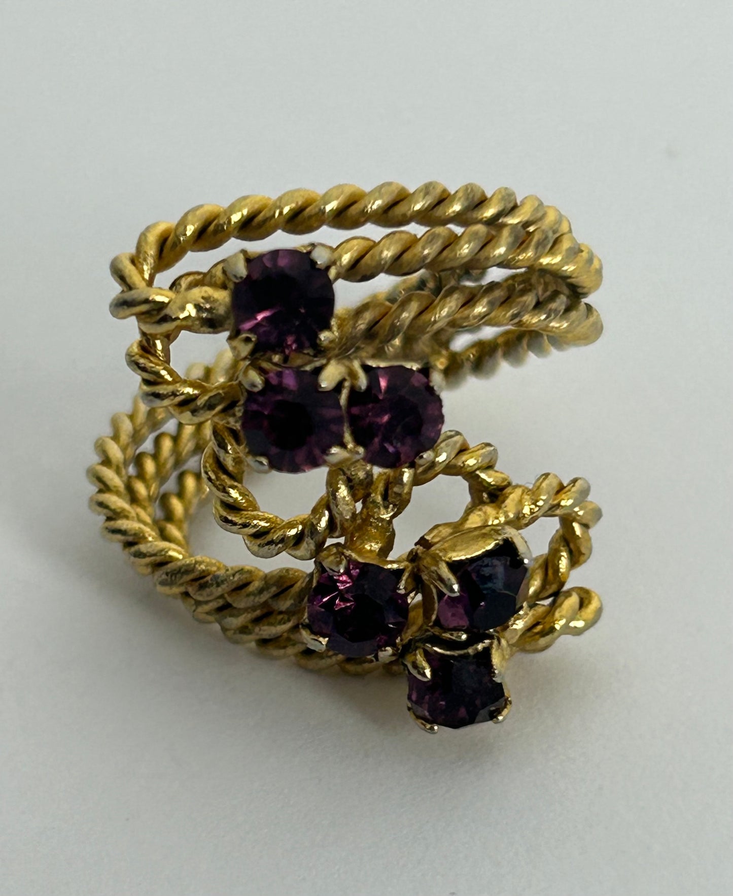 Vintage Gold Tone Base Metal Triple Strand Purple Diamante Stone Wrap Ring Size P